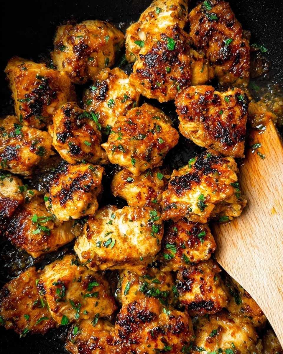 The image shows many small pieces of cooked chicken with a golden brown color and some charred spots, making the surface look crispy and textured. The chicken pieces are scattered closely together in a dark pan, sprinkled with small bits of fresh green herbs for a pop of color. On the right side, a light brown wooden spatula is partially visible, resting among the chicken pieces, adding a natural element to the scene. The background is the black interior of the pan, highlighting the warm tones of the chicken. Photo taken with an iphone --ar 4:5 --v 7