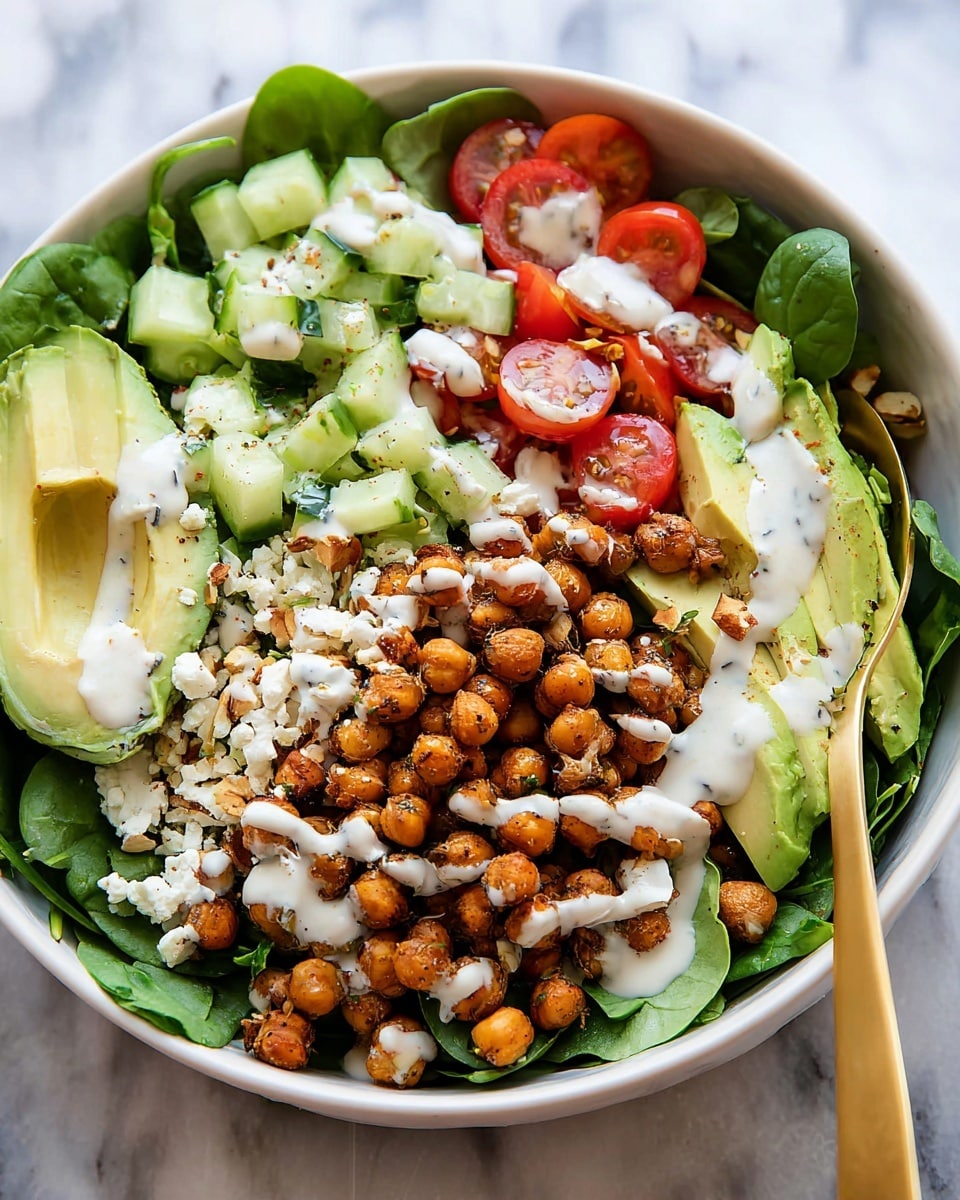 A white bowl filled with a colorful salad on a white marbled surface. The bottom layer is fresh spinach leaves, dark green and full. On top of the spinach, there are chopped cucumbers that are light green with dark green skin, along with halved cherry tomatoes that are bright red. Next, there are roasted chickpeas with a golden-brown and slightly crispy texture spread over the salad. Thin slices of avocado, light green and creamy, are arranged on one side. Crumbled white cheese and small pieces of nuts are scattered among the vegetables. The entire salad is drizzled with a creamy white dressing. A gold spoon sticks out of the bowl, placed on the right side. Photo taken with an iphone --ar 4:5 --v 7