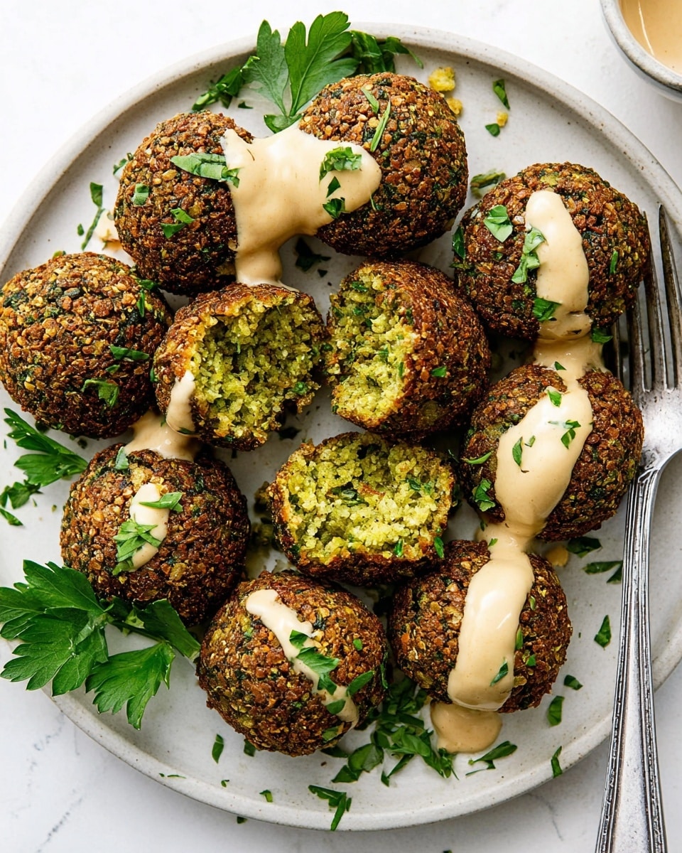 A stainless steel frying pan filled with golden-yellow hot oil bubbling actively, with three round falafel balls in a silver wire skimmer resting just above the oil surface; the falafel balls are dark brown with green flecks, showing a coarse, crunchy texture. The scene is set on a white marbled textured surface, with the silver pan handle extending towards the bottom right corner. Photo taken with an iphone --ar 4:5 --v 7