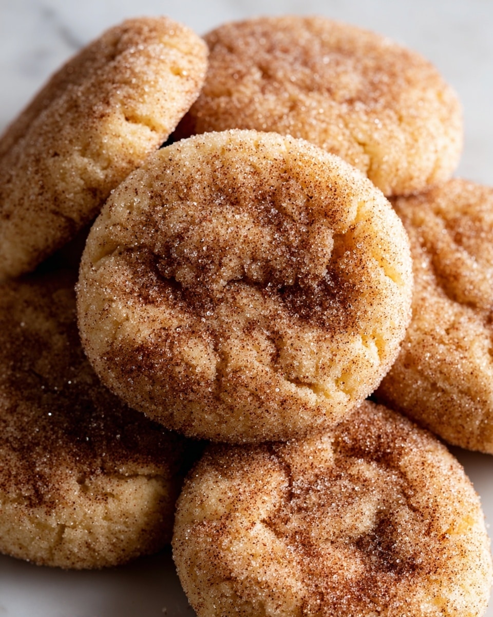 The image shows a close-up of several round cookies, each covered in a thick layer of sugar and cinnamon crystals. The cookies have a light golden-brown color with slightly darker edges and a soft, crumbly texture. The sugar coating shines slightly, reflecting light, and the surface of each cookie has a slightly uneven, bumpy shape that shows their homemade nature. The cookies are stacked closely together on a white marbled background. photo taken with an iphone --ar 4:5 --v 7