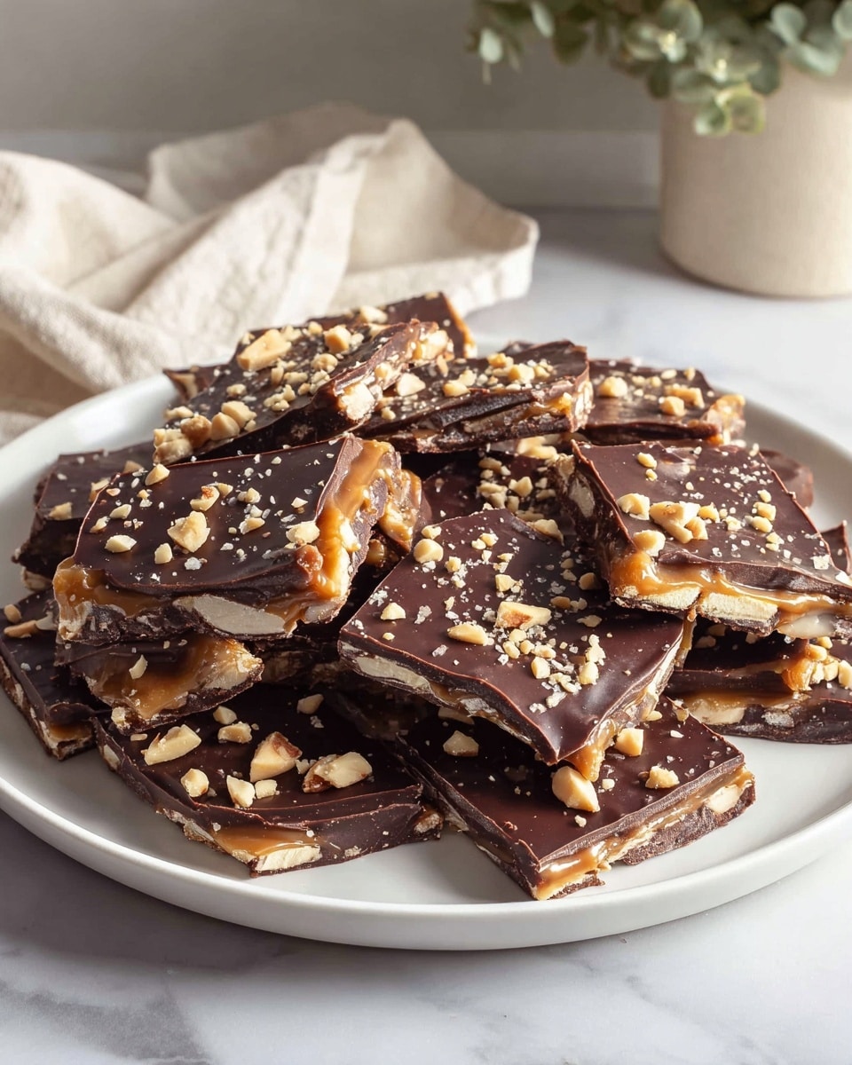 A white plate is full of broken squares of chocolate bark. Each piece has three visible layers: a shiny dark brown chocolate top sprinkled with small chopped light beige nuts, a middle layer of creamy caramel in light golden brown, and a bottom layer of dark chocolate. The texture on the bottom is smooth and firm, while the nuts add a rough texture on top. The plate sits on a white marbled surface, with a blurred light beige cloth and part of a plant pot in the background. photo taken with an iphone --ar 4:5 --v 7