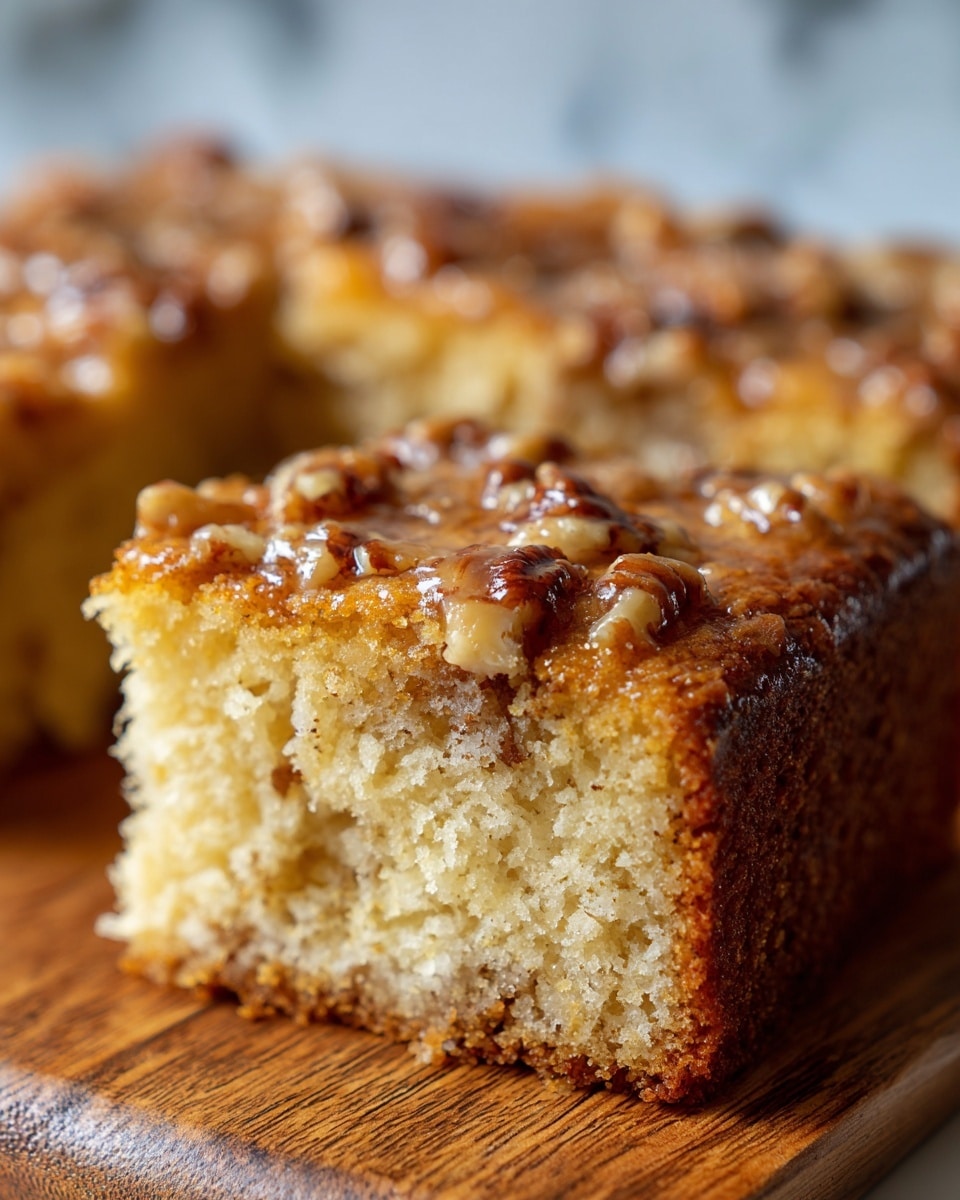 The image shows a close-up view of a square piece of nut cake on a wooden surface with a white marbled texture in the background. The cake has two visible layers: the main body, which is light brown and has a soft, moist texture with small nut pieces embedded throughout, and the top layer, which is golden brown with a slightly shiny glaze and scattered chopped nuts creating a crunchy texture. The edges of the cake are slightly darker, showing a well-baked finish. The focus is sharp on the cake, capturing the crumbly and nutty details clearly. photo taken with an iphone --ar 4:5 --v 7