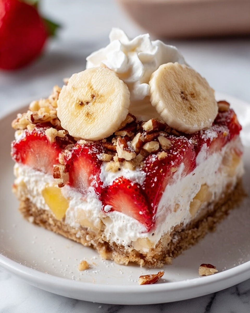 A dessert square with four visible layers sits on a white plate on a white marbled surface. The bottom layer is a thick, textured crust in light brown. The second layer is creamy and white with chunks of yellow fruit mixed in. The third layer shows a thick spread of whipped cream with fresh, vibrant red strawberry halves pressed into it all around the sides. The top layer consists of chopped nuts, including pecans, sprinkled over the cream, with a dollop of white whipped cream in the center. On top of the whipped cream, there are two round banana slices with light brown specks. Photo taken with an iphone --ar 4:5 --v 7