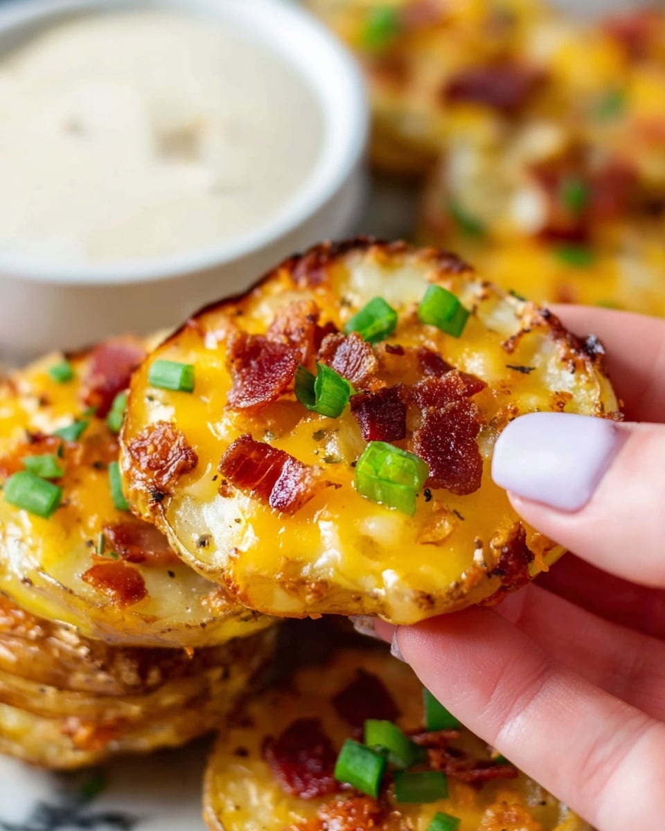 The image shows a close-up of a small round potato slice topped with melted bright yellow cheese, crispy brown bacon bits, and small pieces of fresh green onion scattered on top. The potato looks cooked with a slightly crispy edge, and the cheese is bubbly and golden in some parts. A woman's fingers are gently holding the potato slice from the side. In the background, more loaded potato slices are stacked on a surface with a white marbled texture, and there is a white bowl with a creamy white dip next to them. photo taken with an iphone --ar 4:5 --v 7
