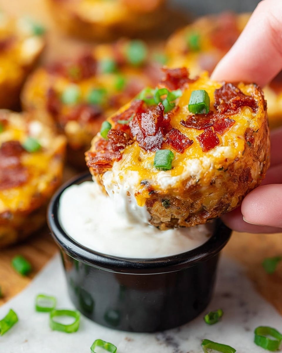 A close-up view of a small, round snack being held by a woman's hand, showing three visible layers: a bottom layer with a light brown texture, a middle layer covered with melted golden-yellow cheese, and a top layer sprinkled with small pieces of cooked pepperoni and green chopped scallions, partially dipped into thick white sour cream inside a black cup, with more similar snacks and scattered scallion pieces blurred on a white marbled textured surface in the background, photo taken with an iphone --ar 4:5 --v 7