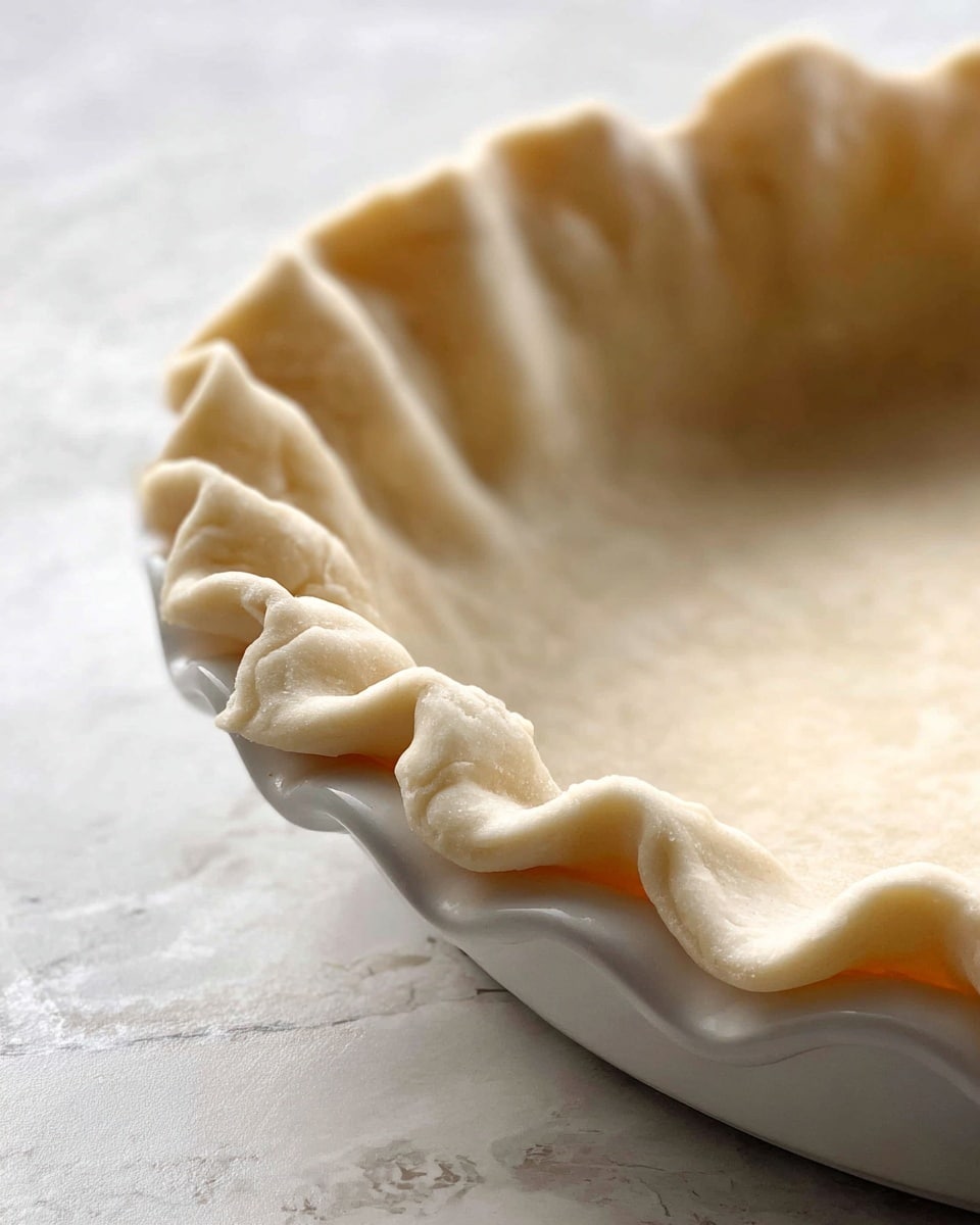 A close-up view of an unbaked pie crust in a white plate, showing one layer of smooth, pale dough with soft, evenly folded edges forming ruffles all around the rim, sitting on a white marbled textured surface. photo taken with an iphone --ar 4:5 --v 7