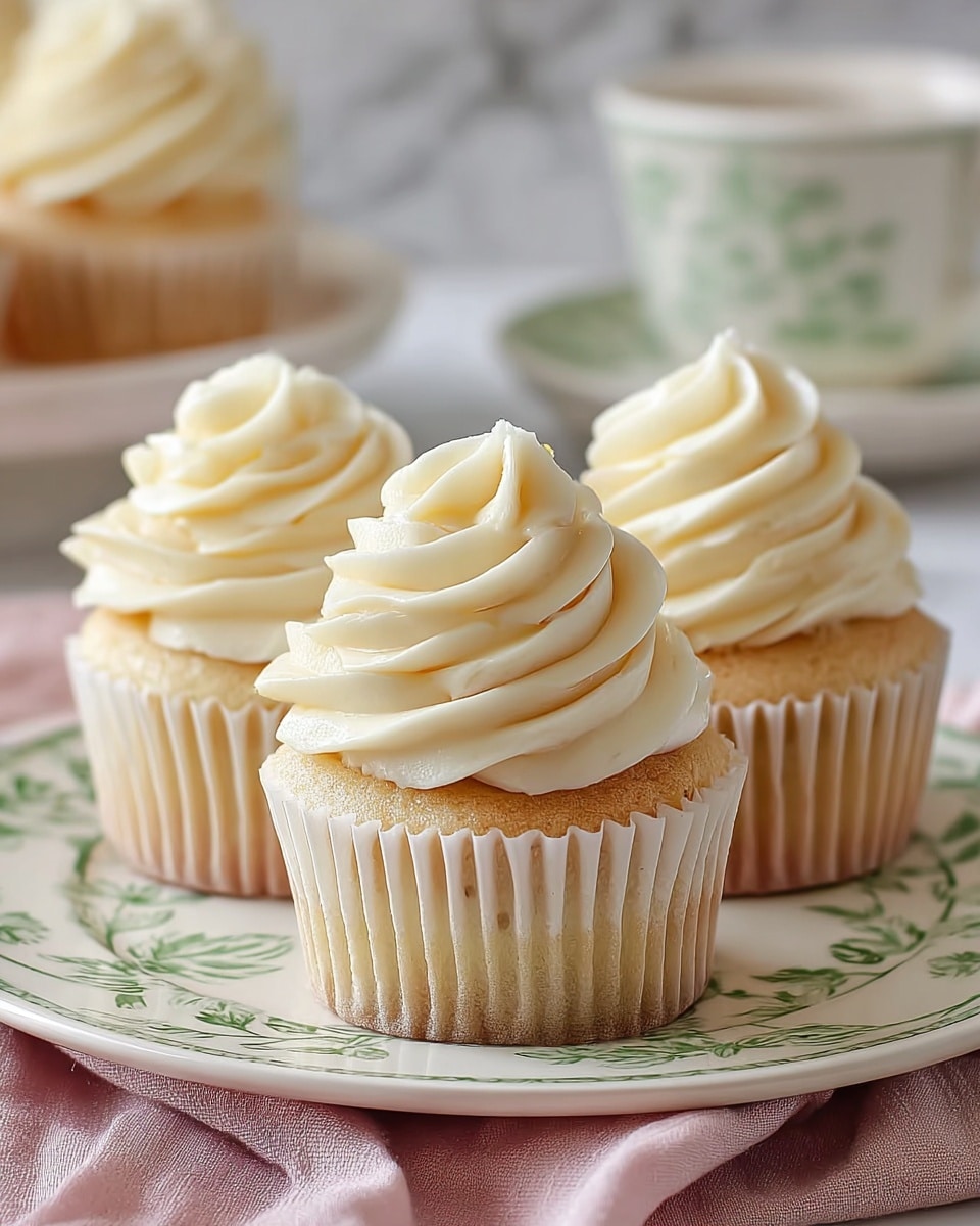Three vanilla cupcakes sit on a white plate with green leafy patterns, placed on a soft pink cloth. Each cupcake has one layer of light golden cake topped with a thick swirl of creamy white frosting that has a smooth and slightly glossy texture, creating a soft peak at the top. The cupcakes are in white paper liners showing their light brown sides, and in the softly blurred background, more cupcakes and a white teacup can be seen. The surface is a white marbled texture. Photo taken with an iphone --ar 4:5 --v 7