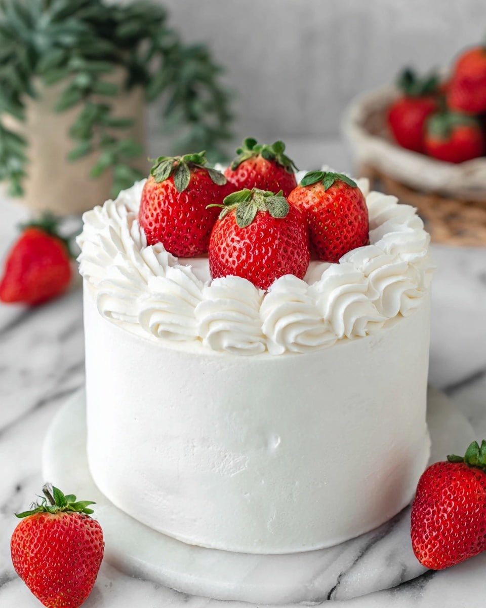 A small round cake with smooth white frosting covering the whole outside, topped with a ring of thick, swirled white cream around the edge and four bright red whole strawberries with green leaves placed in the center. The cake sits on a white marbled surface, with some extra strawberries nearby and a blurred green plant and more strawberries in the background. Photo taken with an iphone --ar 4:5 --v 7