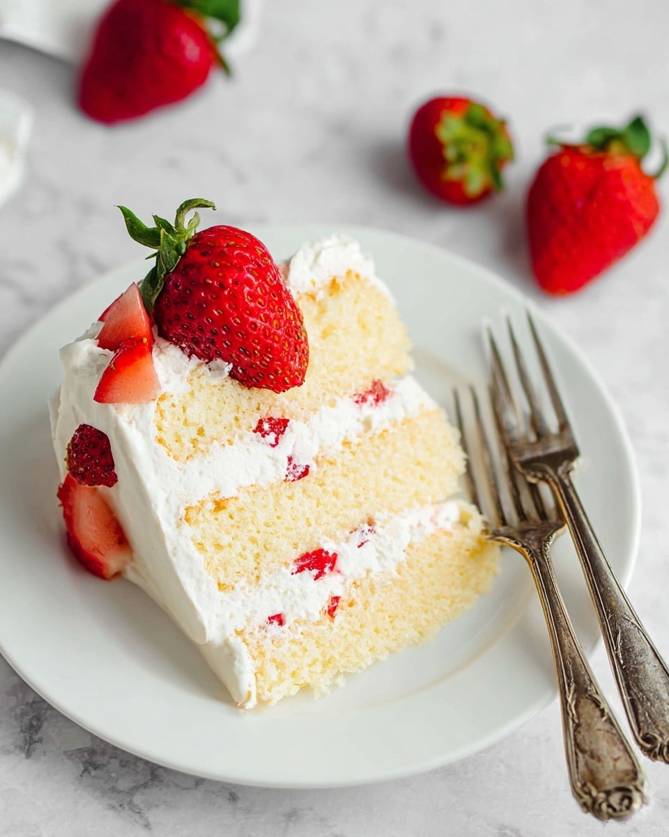 A slice of light yellow sponge cake with two layers is placed on a white plate. Between the cake layers, there are thin white cream layers dotted with small red strawberry pieces. The cake is topped with a layer of white whipped cream, decorated with a fresh, whole red strawberry on the right edge. Two vintage silver forks rest next to the cake slice on the plate. The surface has a white marbled texture with a few fresh strawberries around the plate. photo taken with an iphone --ar 4:5 --v 7