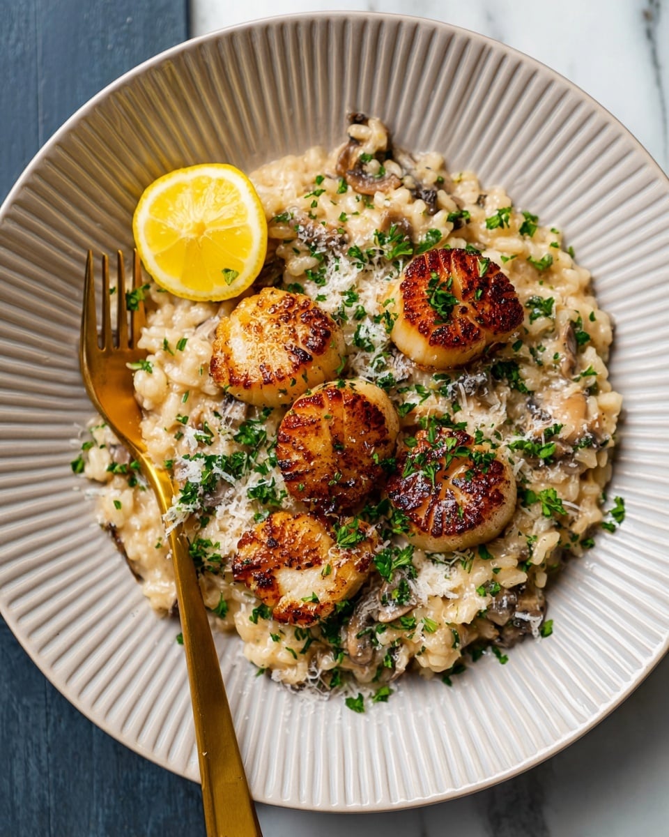 A dish served on a white plate with ridged edges, featuring a base layer of creamy mushroom risotto with visible small pieces of mushrooms mixed in, light beige in color with a slightly glossy texture. On top of the risotto, five golden-brown seared scallops are arranged in a loose circular pattern, sprinkled with finely chopped green parsley and grated cheese. A lemon wedge with a bright yellow rind and juicy interior is placed on the edge of the plate. A gold fork rests on the left side of the plate. The setting is on a white marbled surface. Photo taken with an iphone --ar 4:5 --v 7