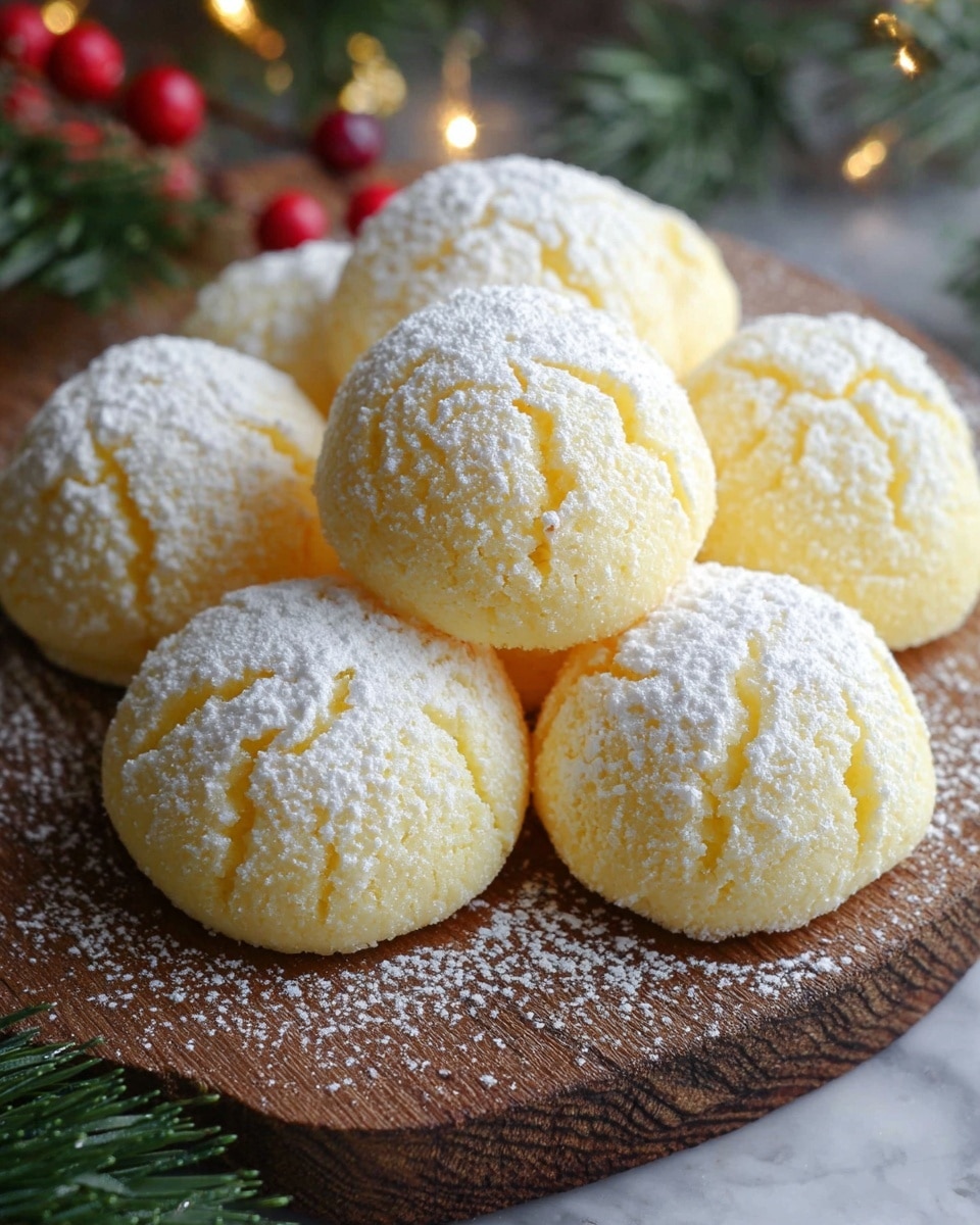 The image shows a group of round, soft yellow steamed cakes arranged closely together on a rustic wooden board. Each cake has a cracked surface with a delicate fluffy texture and is dusted generously with white powdered sugar, giving them a snowy look. The cakes are glowingly light yellow and appear moist and airy, with the powdered sugar creating a fine layer both on top and scattered softly around the board. Small green pine branches and red berries are faintly visible near the edges, adding a subtle festive touch. The background is a white marbled texture. Photo taken with an iphone --ar 4:5 --v 7