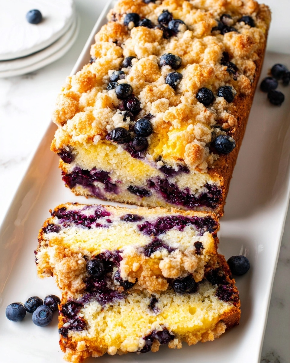 A loaf of blueberry crumb cake sits on a long white platter against a white marbled surface. The cake has two visible layers: the bottom layer is a moist, pale yellow cake embedded with juicy dark blue blueberries, while the top layer is a golden brown crumb topping with scattered plump, glossy blueberries baked into it, creating a textured and crumbly surface. Two slices are cut from the loaf, revealing the soft, dense crumb cake inside, speckled with purple blueberry juice. The whole presentation looks fresh and inviting. Photo taken with an iphone --ar 4:5 --v 7