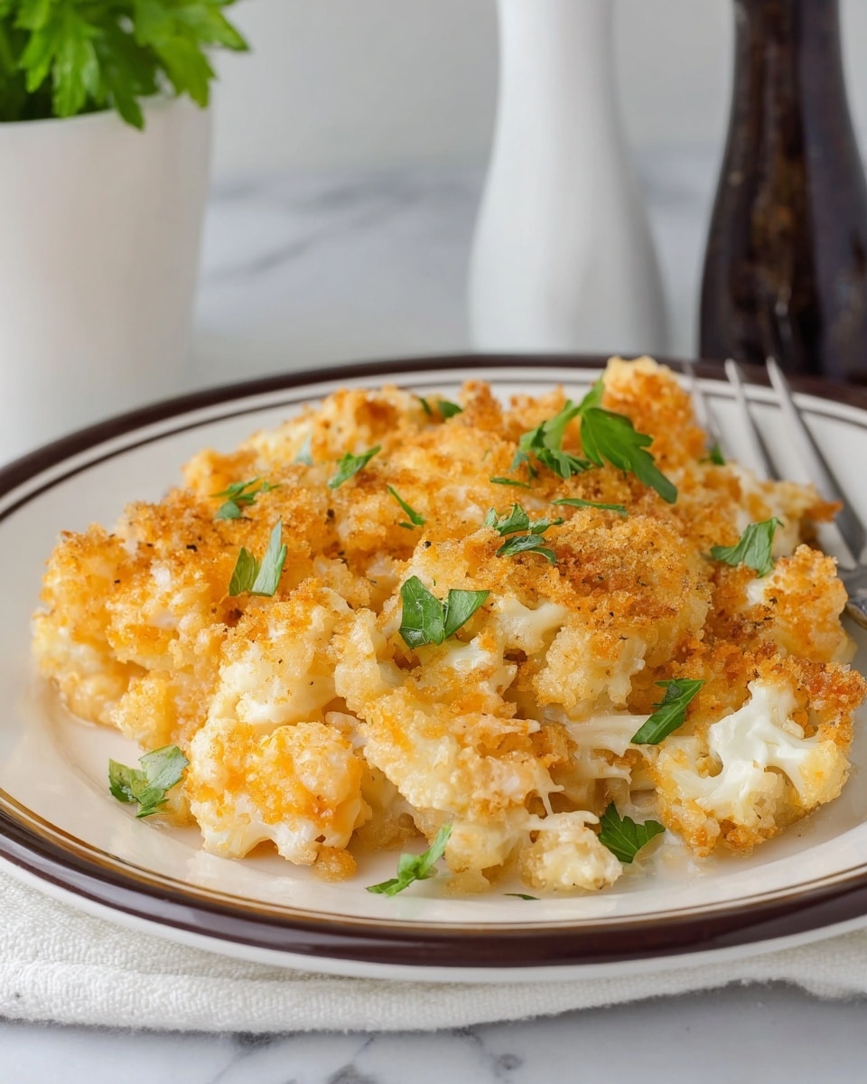 A white plate with a dark brown rim holds a serving of creamy, golden-brown baked cauliflower casserole. The dish has a mix of soft white cauliflower pieces covered in a crispy golden crumb topping, creating an uneven, crumbly texture. Small green parsley leaves are sprinkled on top, adding a fresh contrast to the warm, golden colors. The plate sits on a white marbled surface with salt and pepper shakers blurred in the background. photo taken with an iphone --ar 4:5 --v 7