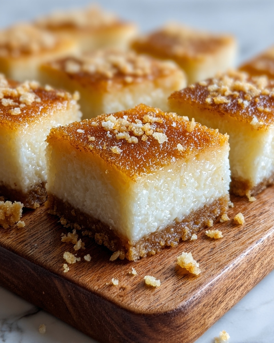 The image shows several pieces of a dessert cut into square shapes, placed closely on a wooden board. Each piece has two visible layers: the bottom layer is thick, white, and grainy with a moist texture, while the top layer is thin, golden brown, and slightly crispy with small bits sprinkled on it. Some crumbs from the bottom layer are scattered around the board. The photo is taken very close, highlighting the texture and color contrast between the layers against a white marbled texture. photo taken with an iphone --ar 4:5 --v 7