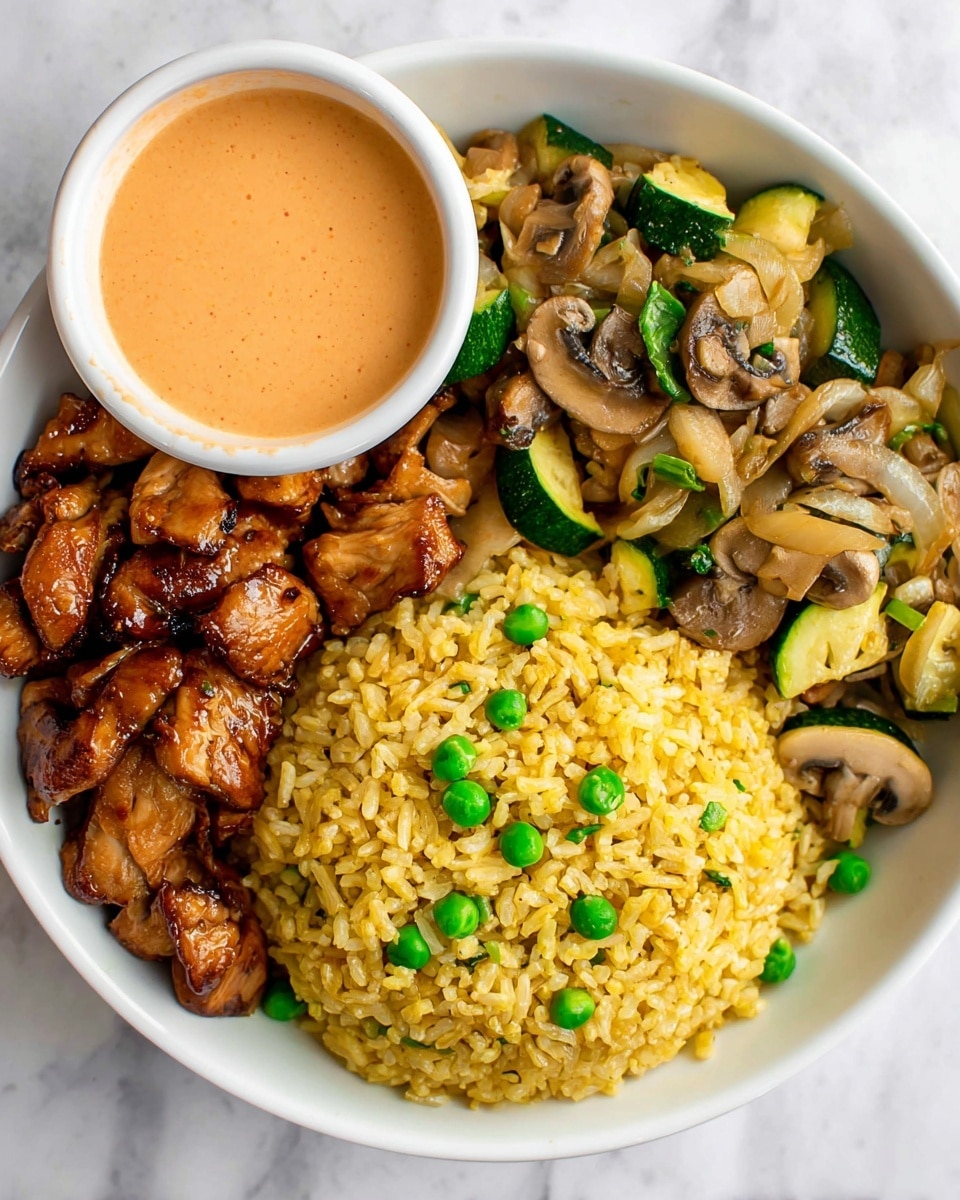 In a white bowl, there is a neatly rounded mound of yellow fried rice mixed with small green peas positioned on the right side. To the front and left side of the rice, there are glossy, dark brown pieces of cooked chicken that look tender and juicy. Above the rice, a mix of cooked vegetables including green zucchini slices, brown mushrooms, and light brown onion strips adds texture and color. A small white bowl filled with a smooth, orange-colored dipping sauce sits on the upper left edge of the main bowl. The bowl is set on a white marbled surface. Photo taken with an iphone --ar 4:5 --v 7