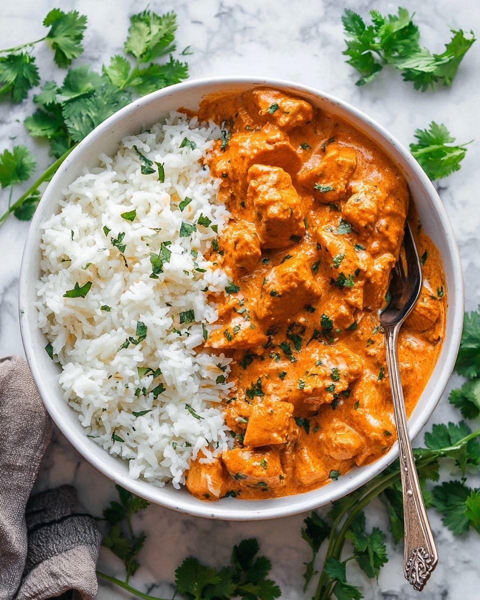 The image shows a black cast iron skillet filled with a rich, creamy orange sauce. Inside the sauce are many chunks of golden-brown cooked chicken pieces, evenly spread out. Small pieces of fresh green herbs, likely cilantro, are sprinkled over the top, adding a touch of color contrast. The skillet sits on a white marbled surface, and the sauce looks smooth and thick with a slightly glossy texture, covering the chicken well. photo taken with an iphone --ar 4:5 --v 7
