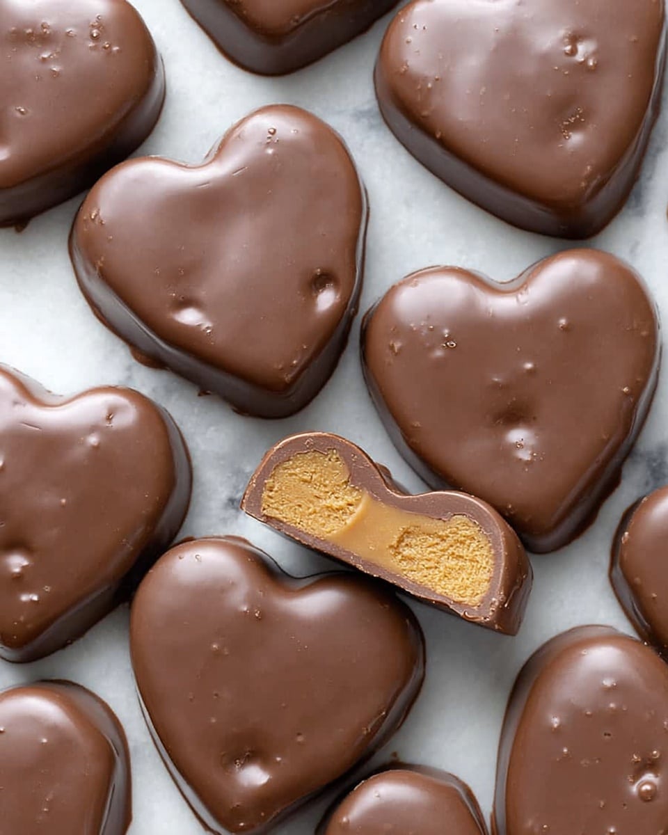 The image shows several heart-shaped chocolates with a smooth, shiny milk chocolate coating, arranged closely on a white marbled surface. Most chocolates are whole, with a few showing tiny air bubbles or slight texture marks on their surface. One chocolate is cut in half, revealing a thick, golden-brown, creamy filling inside. The chocolates have a thick layer of milk chocolate on the outside, covering the filling, making the hearts look soft and rich. Photo taken with an iphone --ar 4:5 --v 7