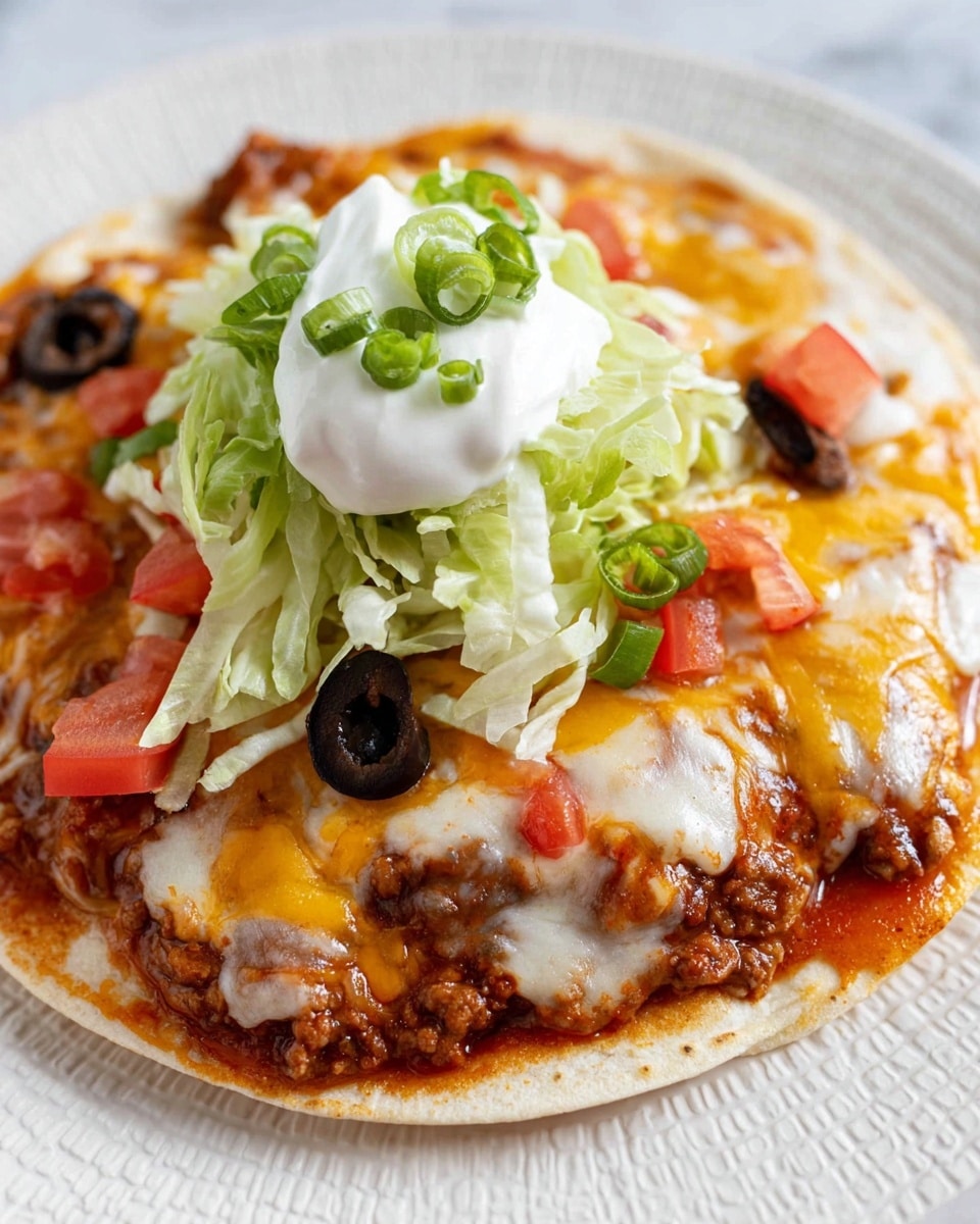 A two-layer tortilla pizza resting on a black air fryer tray, each layer having a thick, slightly browned tortilla base. The bottom layer is partially visible with melted cheddar and mozzarella cheese that is golden yellow and white, topped with a sauce layer beneath. The top layer is covered with more melted golden-yellow and white cheese, scattered sliced black olives, diced red tomato pieces, and small chopped green onions, adding pops of color on the gooey cheese. The edges of the tortillas are folded slightly, and some cheese strands are melted onto the tray. Photo taken with an iphone --ar 4:5 --v 7