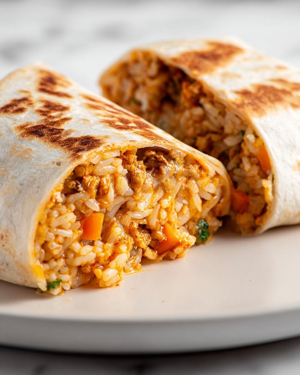 A close-up of a burrito cut in half and placed on a white plate, resting on a white marbled surface. The burrito has a light golden-brown toasted tortilla on the outside with some darker spots, showing a soft and slightly crispy texture. Inside, there are two visible layers: the base layer consists of cooked rice that looks fluffy and white with some seasoning, and the top layer has a mix of finely chopped vegetables like orange bell peppers and green herbs, mixed with melted cheese creating a gooey texture. The filling looks moist and tender, packed tightly inside the tortilla. Photo taken with an iphone --ar 4:5 --v 7