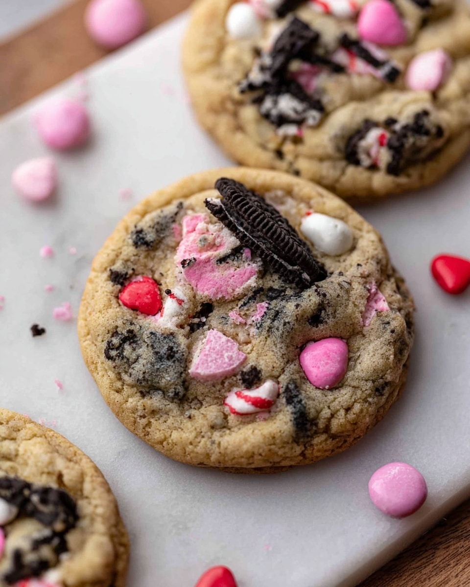 A stack of three broken cookie pieces sits on a white plate with a smooth texture. Each cookie piece shows a thick, chewy layer filled with colorful candy pieces in red, pink, and black, with some bits of chocolate and crumbly dough visible throughout. The cookies have a golden-brown color with a slightly soft and grainy texture. The background includes blurred cookie dough, creating a warm, cozy feeling. photo taken with an iphone --ar 4:5 --v 7