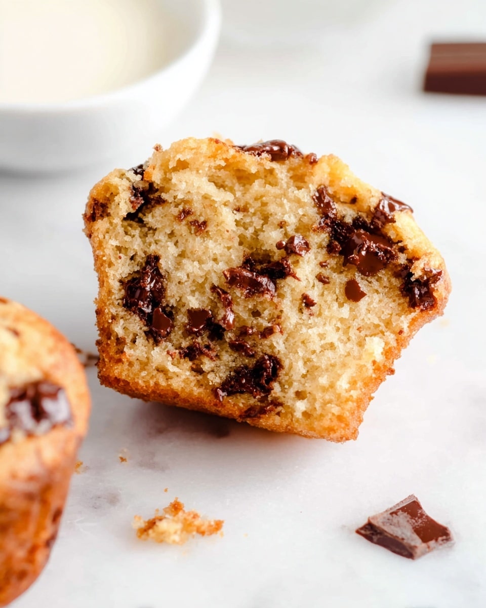 A close-up view of a soft, moist chocolate chip muffin cut in half, showing one thick layer of light golden brown muffin with a slightly crumbly texture. Inside, there are many dark brown, shiny melted chocolate chunks scattered throughout the muffin. The muffin rests on a white marbled surface, with some crumbs and a small piece of chocolate nearby. In the upper background, a white bowl with a creamy white substance is partially visible. Photo taken with an iphone --ar 4:5 --v 7