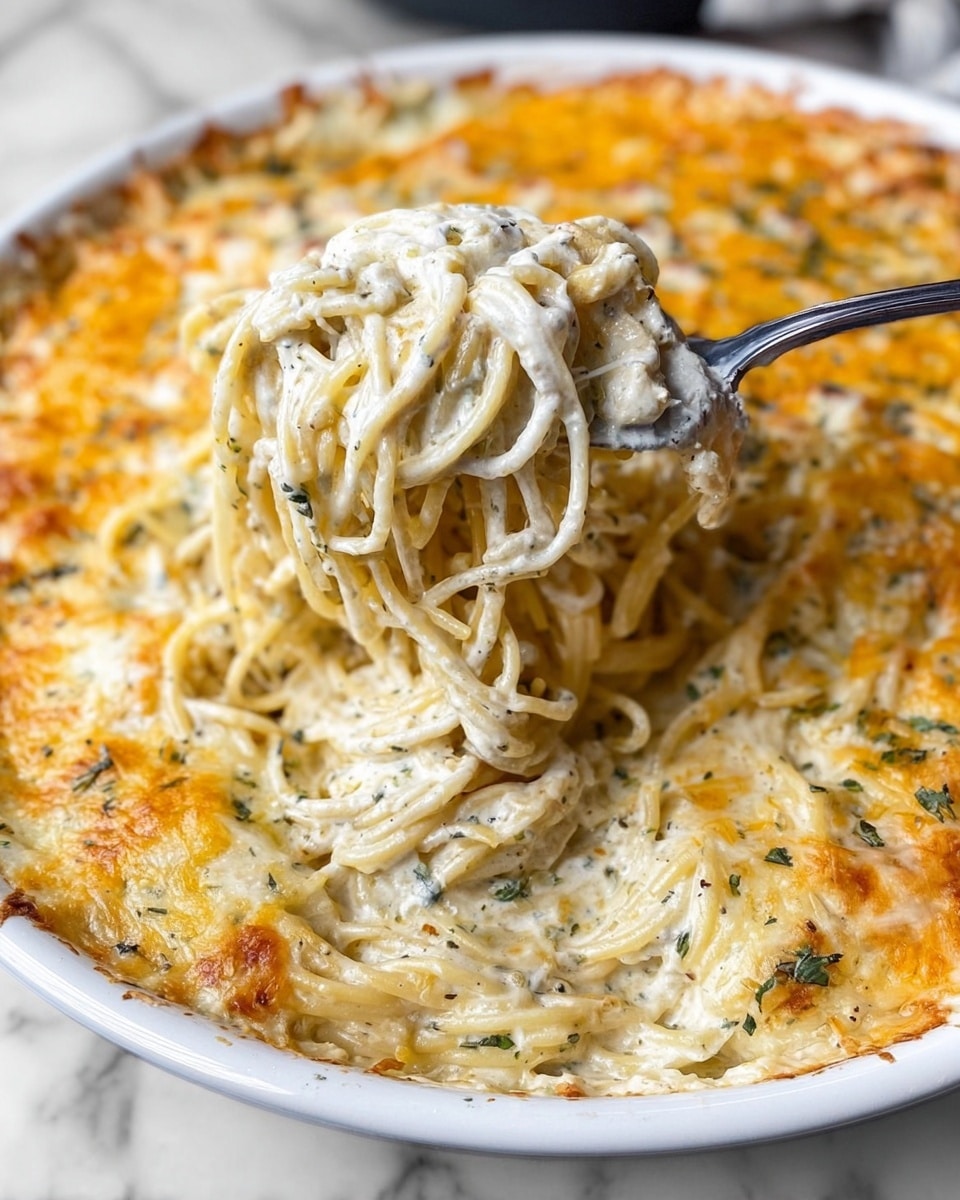 A close-up image of creamy baked spaghetti in a white round baking dish with a golden-brown cheese layer on top mixed with green herbs. The top layer is slightly crispy with melted yellow and white cheese. Underneath, long spaghetti noodles are thickly coated in a white creamy sauce studded with black pepper and small herb pieces, creating a rich and smooth texture. A silver fork held by a woman's hand lifts a twirl of noodles covered in creamy sauce from the dish, showing the soft and creamy inside layers. The dish sits on a white marbled surface. photo taken with an iphone --ar 4:5 --v 7