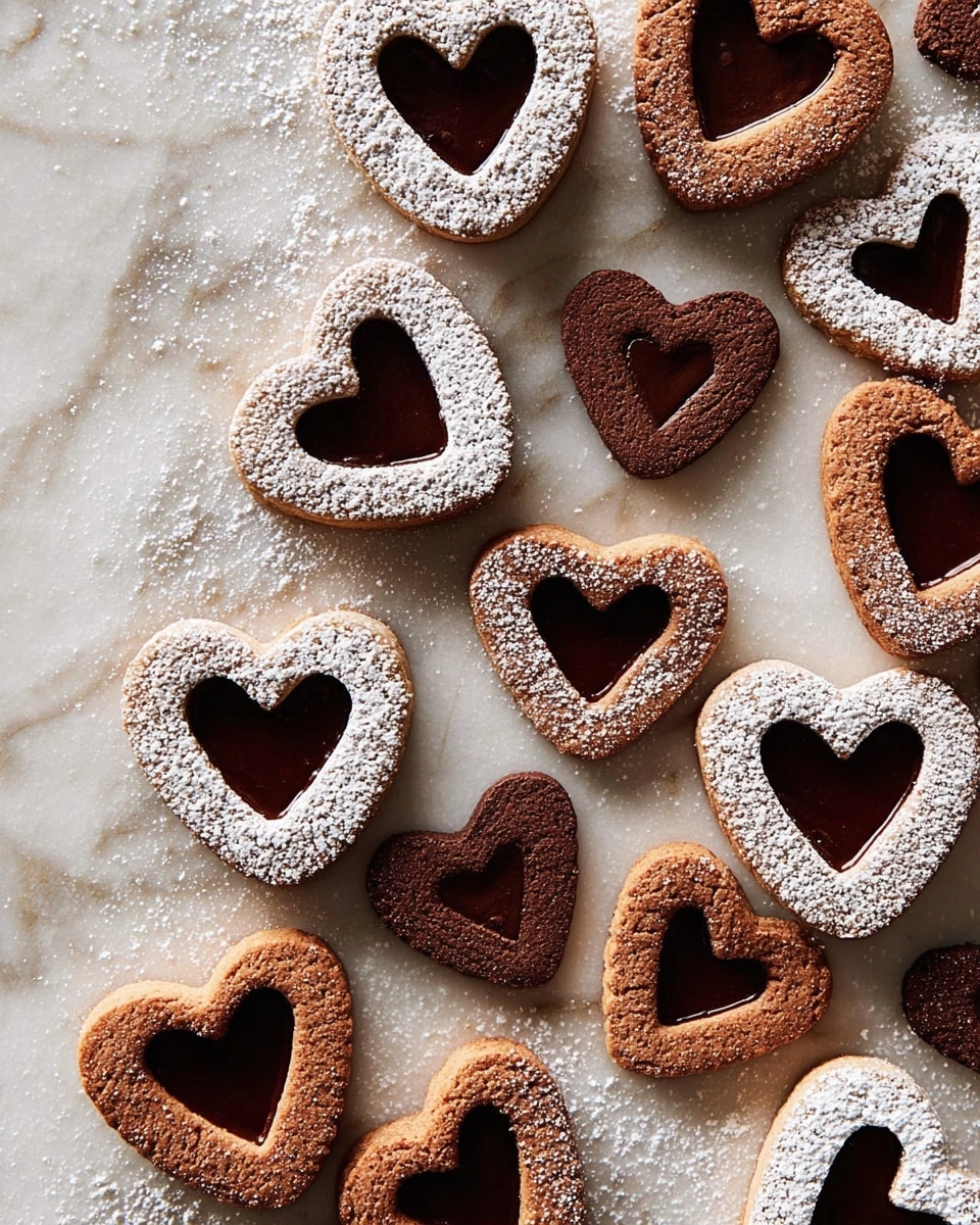 Heart-shaped cookies are spread on a white marbled surface in a random pattern. Each cookie has two layers: a soft brown top layer shaped like a heart with a smaller heart cut out in the center, revealing a smooth dark chocolate layer below, and a golden-brown base. Some of the cookies are dusted half or fully with white powdered sugar, creating a contrast on the brown layer. There are also smaller solid heart-shaped cookies, both brown and powdered with sugar, scattered among the larger ones. The textures include the powdery sugar, smooth chocolate, and crumbly cookie layers. Photo taken with an iphone --ar 4:5 --v 7