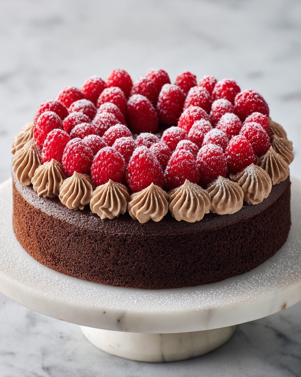 A close-up of one slice of rich, dark chocolate cake showing a dense, moist texture as the bottom layer, topped with a thick, light brown whipped cream layer piped in swirls, and decorated with bright red raspberries lightly dusted with powdered sugar, all set on a white cake stand against a white marbled background; the slice is lifted by a metal spatula. photo taken with an iphone --ar 4:5 --v 7