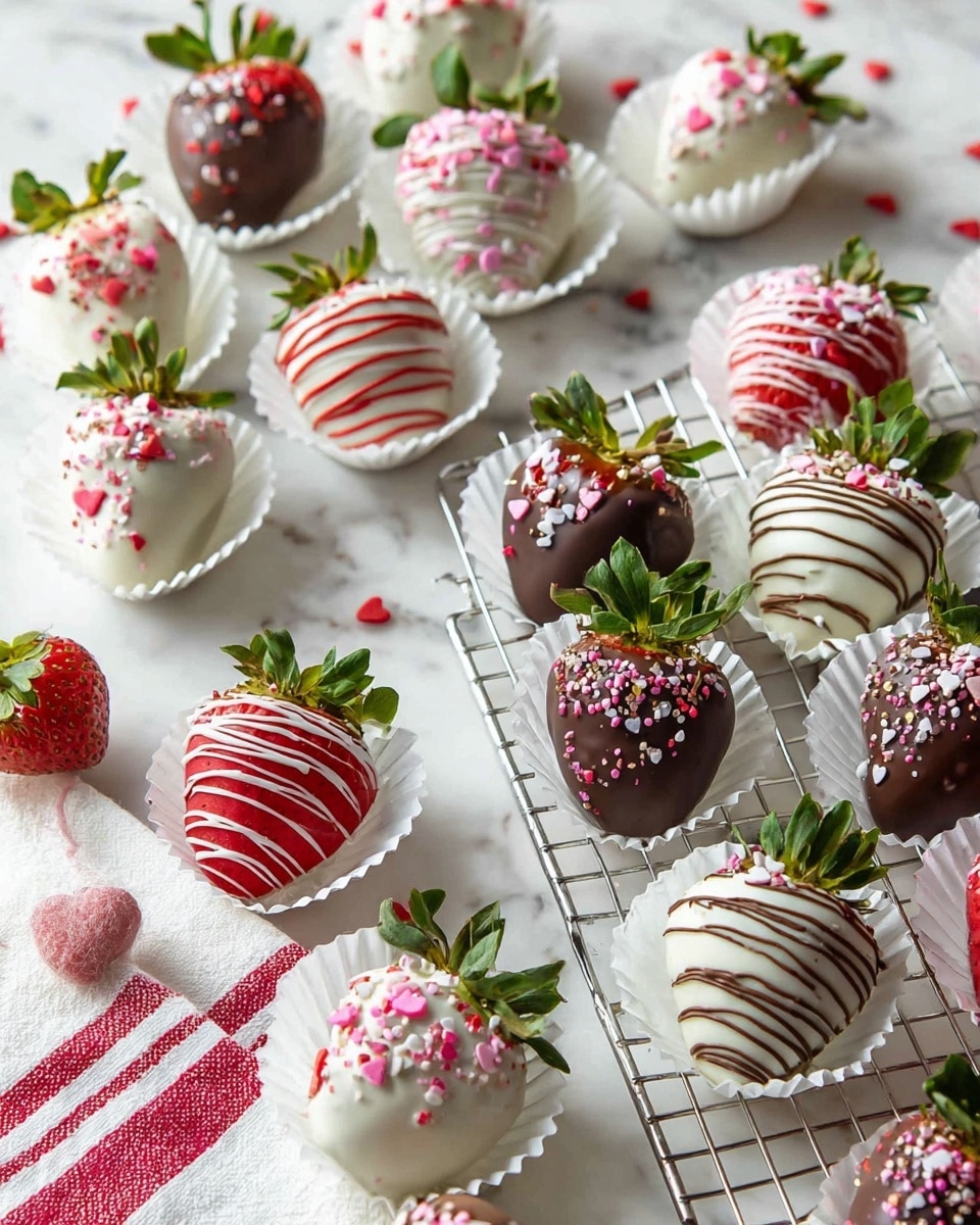 The image shows many strawberries covered with white and dark chocolate, placed on a white marbled surface. Each strawberry has green leaves on top and sits in its own white paper cup, except for a few that are on a silver cooling rack with a white and red striped cloth beside it. The strawberries are decorated with thin chocolate drizzles and small pink, red, and white heart-shaped and round sprinkles. The white chocolate strawberries are creamy and smooth with pink and red sprinkles, while the dark chocolate ones have a shiny, deep brown coating with similar sprinkles in bright colors and white drizzle lines. Photo taken with an iphone --ar 4:5 --v 7
