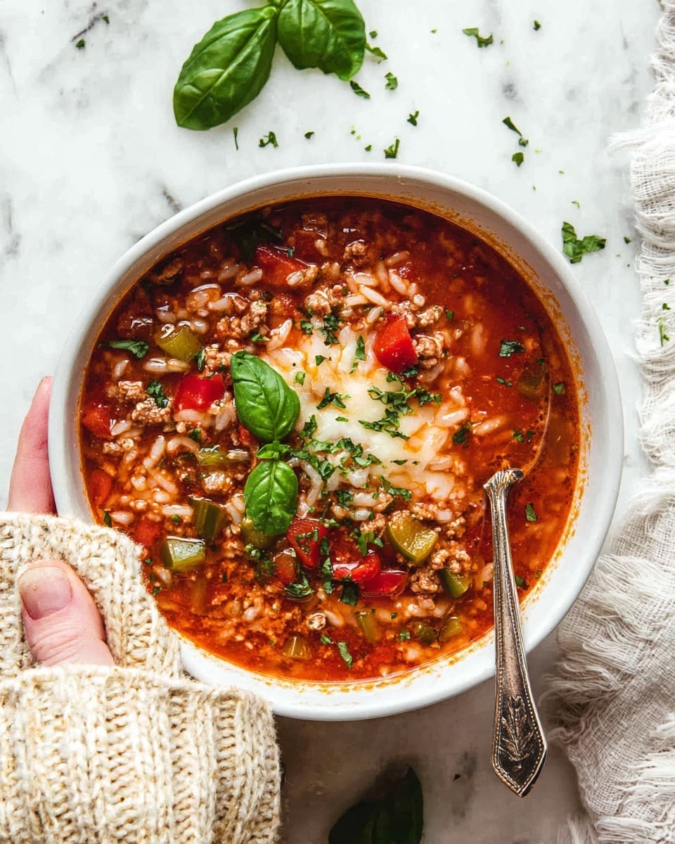 A white bowl filled with a thick, red tomato-based soup that has visible chunks of cooked ground meat and soft rice grains throughout. Scattered inside are vibrant green and red bell pepper pieces adding color and texture. On top, melted cheese creates a creamy layer lightly marked with brown spots, and fresh green basil leaves and finely chopped herbs are sprinkled over the cheese for garnish. A vintage silver spoon rests in the soup on the left side. A woman's hand wearing a cream-colored knitted sweater holds the bowl from the sides, against a white marbled surface with scattered basil leaves around. photo taken with an iphone --ar 4:5 --v 7