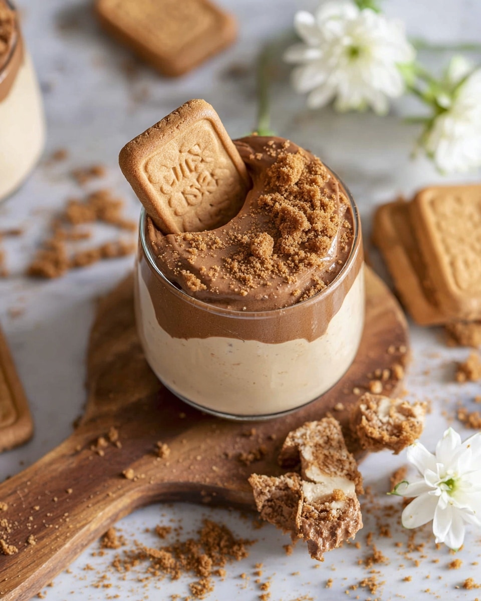 The image shows a small clear glass filled with a dessert that has two visible layers; the bottom layer is a light creamy beige color with a smooth texture, while the top layer is a thick, glossy light brown chocolate mousse. The top of the dessert is sprinkled with crushed cookie crumbs that are a darker brown, and a square biscuit is placed upright partially into the mousse at the edge. The glass is placed on a wooden board with whole and broken biscuit pieces scattered around, along with a white flower. The background surface is changed to a white marbled texture. Photo taken with an iphone --ar 4:5 --v 7