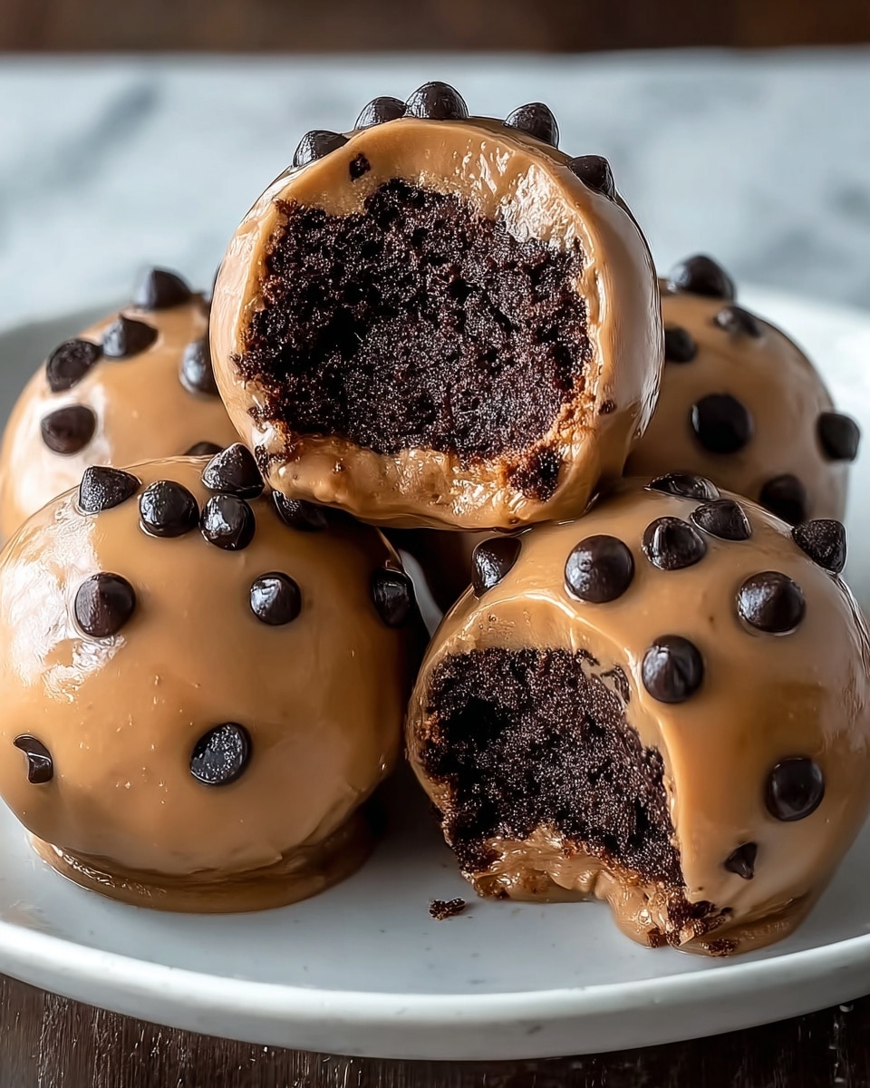 Four round dessert balls sit on a white plate on a white marbled surface. Each ball has two layers: the inside layer is dark brown and crumbly, resembling moist chocolate cake, while the outside layer is a smooth, light brown coating dotted with shiny, dark chocolate chips. One ball in the front is broken open, showing the moist chocolate inside. The balls have a glossy finish, making them look fresh and soft. Photo taken with an iphone --ar 4:5 --v 7