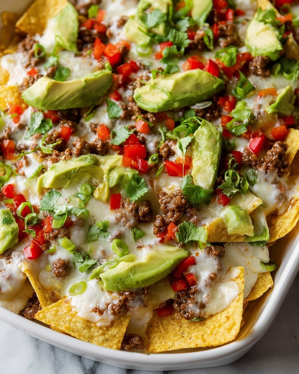 A white rectangular dish filled with layers of yellow corn tortilla chips at the bottom, topped with melted white cheese, browned ground beef, and scattered bright green jalapeño slices. On top of this are chunks of green avocado and small pieces of red bell pepper, along with fresh cilantro leaves adding a touch of leafy green color. The dish is placed on a white marbled surface, surrounded by a stack of light pink plates, a small white bowl with sliced jalapeños, a white cloth napkin, and two glasses of light yellow drink with a bottle nearby. photo taken with an iphone --ar 4:5 --v 7