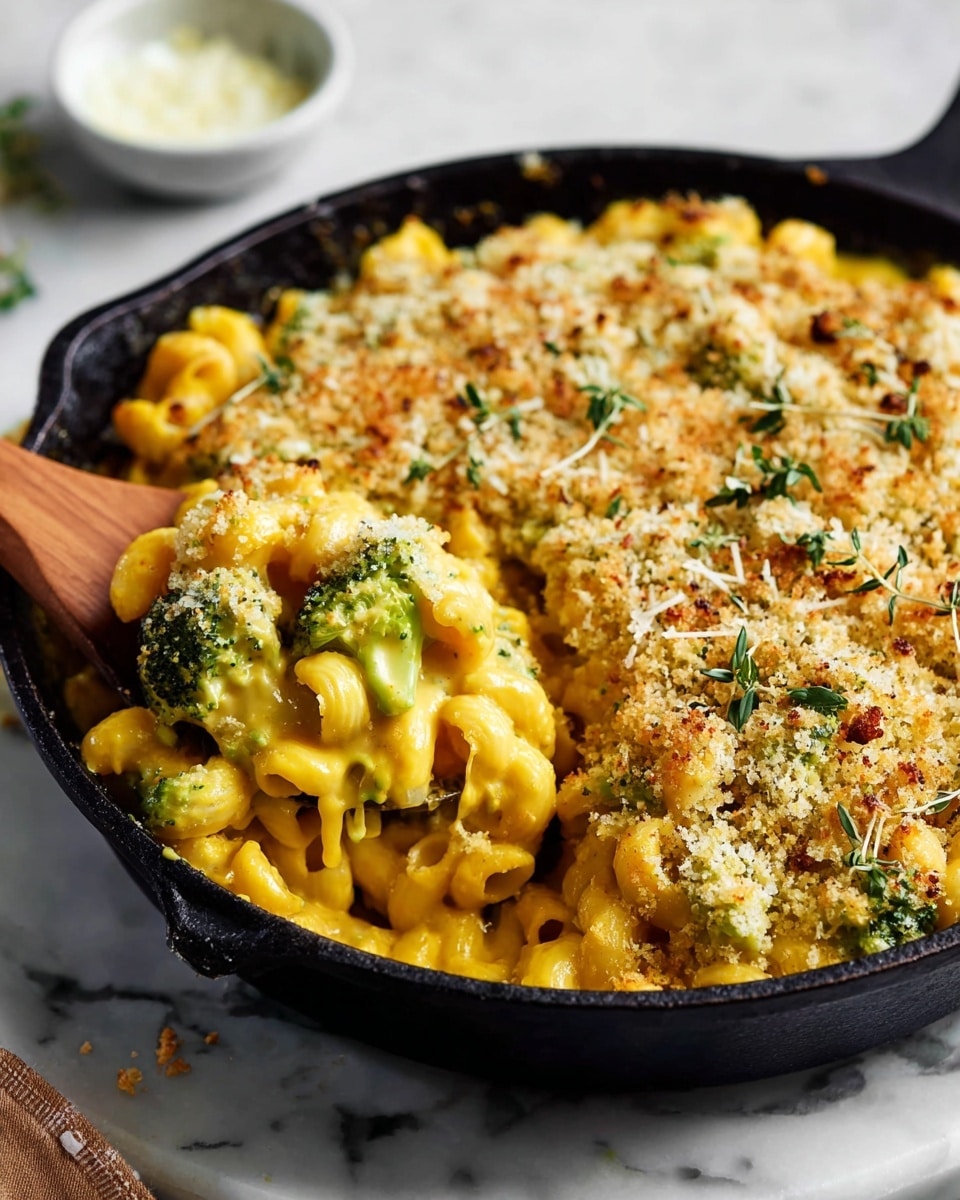 A black cast iron skillet holds creamy macaroni and cheese baked with broccoli pieces mixed in. The top layer is golden and crispy with a crumbly breadcrumb texture and small green herb sprigs scattered over it. Underneath, the pasta is coated in a thick, smooth, bright yellow cheese sauce with visible broccoli florets throughout. A wooden spoon scoops out a portion from the left side, showing the soft, gooey inside. The skillet sits on a white marbled surface with a small white bowl blurred in the background. Photo taken with an iphone --ar 4:5 --v 7