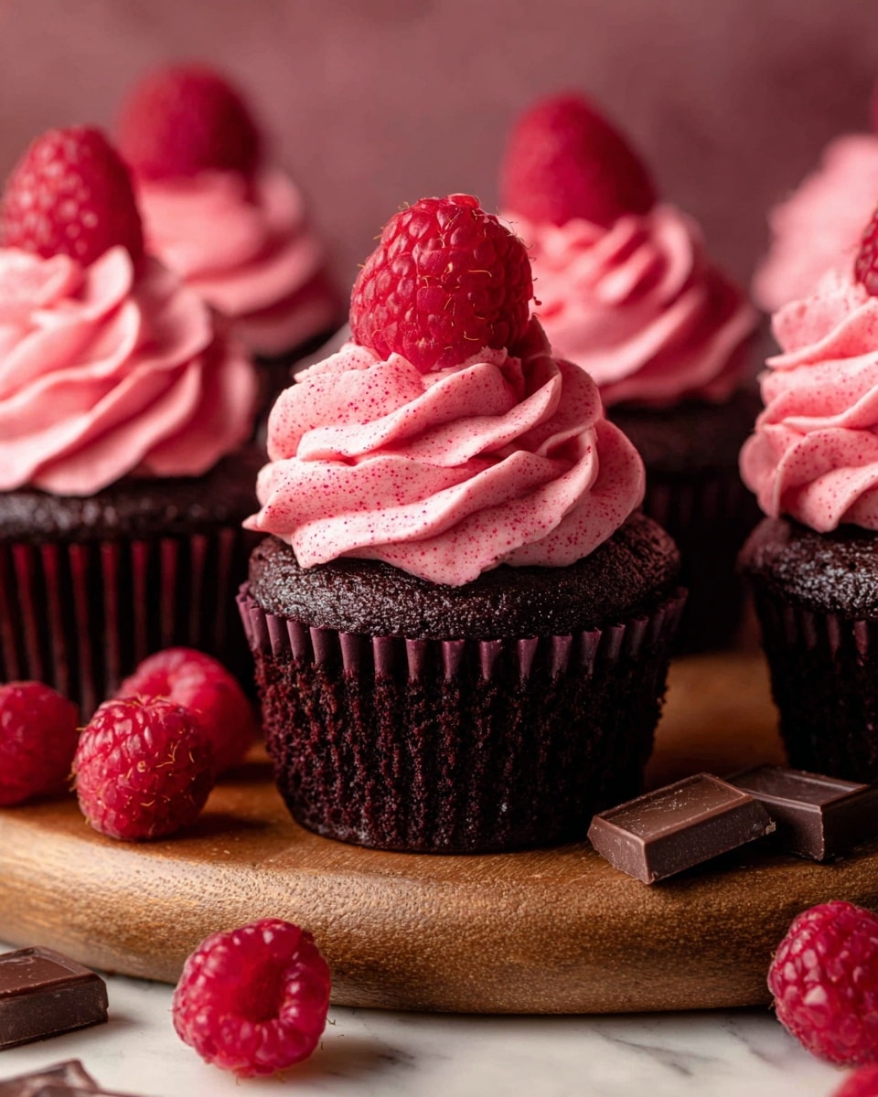 The image shows several dark chocolate cupcakes arranged on a wooden round board, placed over a white marbled surface. Each cupcake has one thick bottom layer of rich, dark brown chocolate cake. On top of each cake is a swirl of bright pink frosting with a smooth, creamy texture, slightly speckled, forming a tall, soft peak. Each frosting peak is crowned with a fresh, juicy raspberry that looks plump and vibrant red. Around the cupcakes, there are scattered whole raspberries and small chunks of dark chocolate, adding extra color and texture to the scene. The photo taken with an iphone --ar 4:5 --v 7