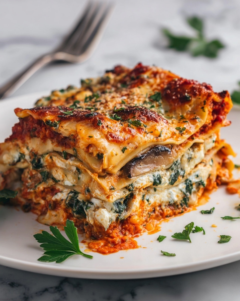 A close-up of a thick slice of lasagna on a white plate, showing multiple layers: a bottom layer of orange-red tomato sauce with bits of herbs, followed by a creamy white cheese layer mixed with green spinach and mushrooms, topped by a golden-browned melted cheese layer with browned spots and some visible herbs. There are fresh green parsley leaves scattered on top and around the lasagna. In the background, a stainless steel fork rests on the white marbled surface. The photo taken with an iphone --ar 4:5 --v 7