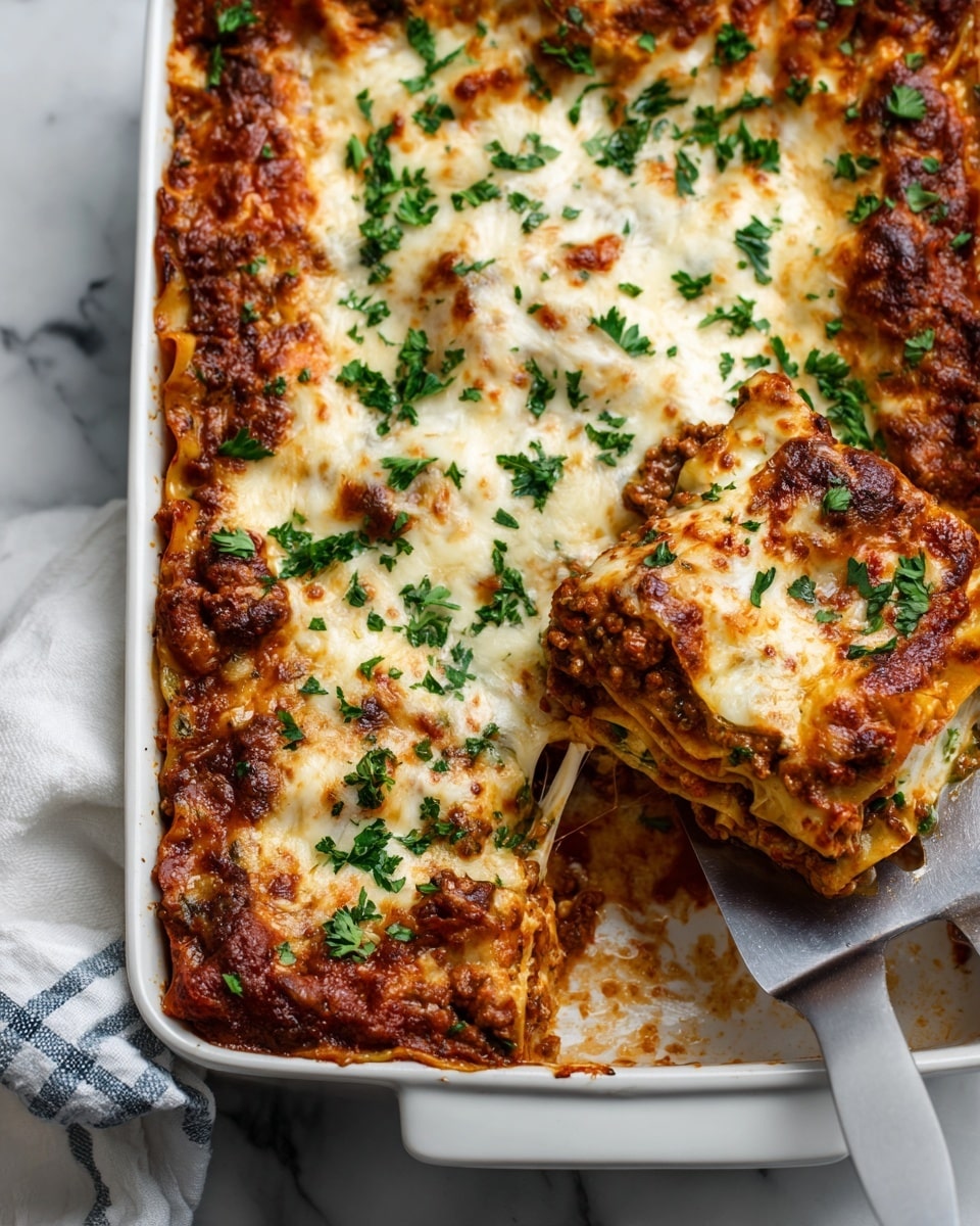 A rectangular white baking dish filled with a layered lasagna, showing a rich top layer of melted, golden-brown cheese mixed with browned spots and scattered fresh green parsley leaves. Below the cheese, the sauce is visible with a deep red tomato color and bits of meat or vegetables, layered over soft pasta sheets. A metal spatula is partially lifting a piece from the corner, revealing gooey, creamy white cheese and sauce layers underneath. The dish is set on a white marbled surface with a corner of a white and blue cloth visible. photo taken with an iphone --ar 4:5 --v 7