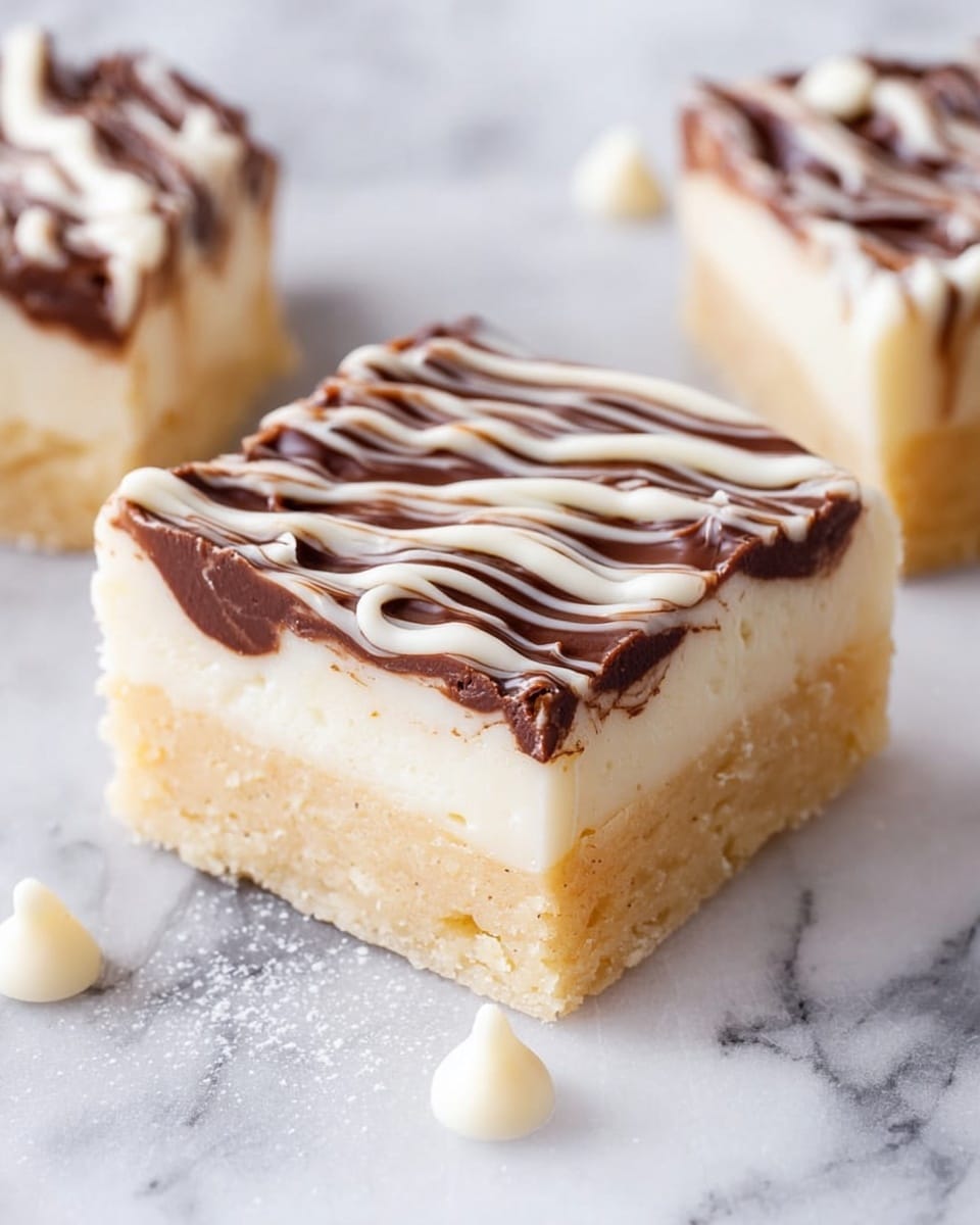 The image shows a close-up of a square dessert with three clear layers on a white marbled surface. The bottom layer is a light golden beige with a soft, slightly crumbly texture. The middle layer is a creamy white, smooth and thick. The top layer is decorated with wavy drizzles of dark brown and white chocolate, adding a glossy finish. Small white chocolate chips are scattered around the dessert on the marbled surface. Photo taken with an iphone --ar 4:5 --v 7