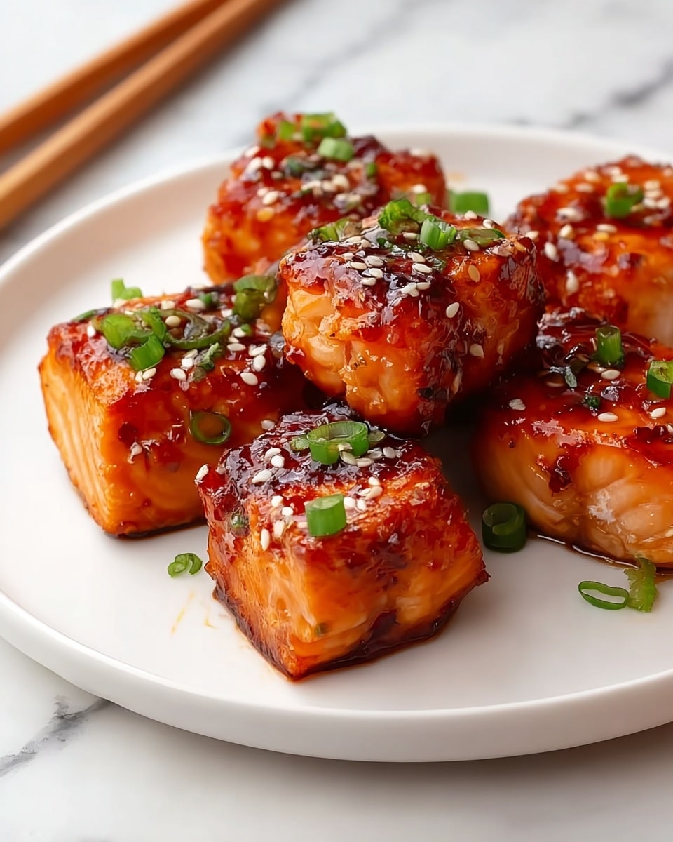 The image shows several square pieces of glazed salmon placed close together on a white plate. Each piece has a shiny, sticky orange-brown sauce coating, with small white sesame seeds sprinkled on top. Bright green chopped scallions are scattered over the salmon pieces, adding a fresh contrast to the rich glaze. The texture of the salmon looks tender and slightly caramelized, with some grill marks visible. The plate rests on a white marbled surface, and a pair of wooden chopsticks is partially visible at the bottom left corner, enhancing the presentation. photo taken with an iphone --ar 4:5 --v 7