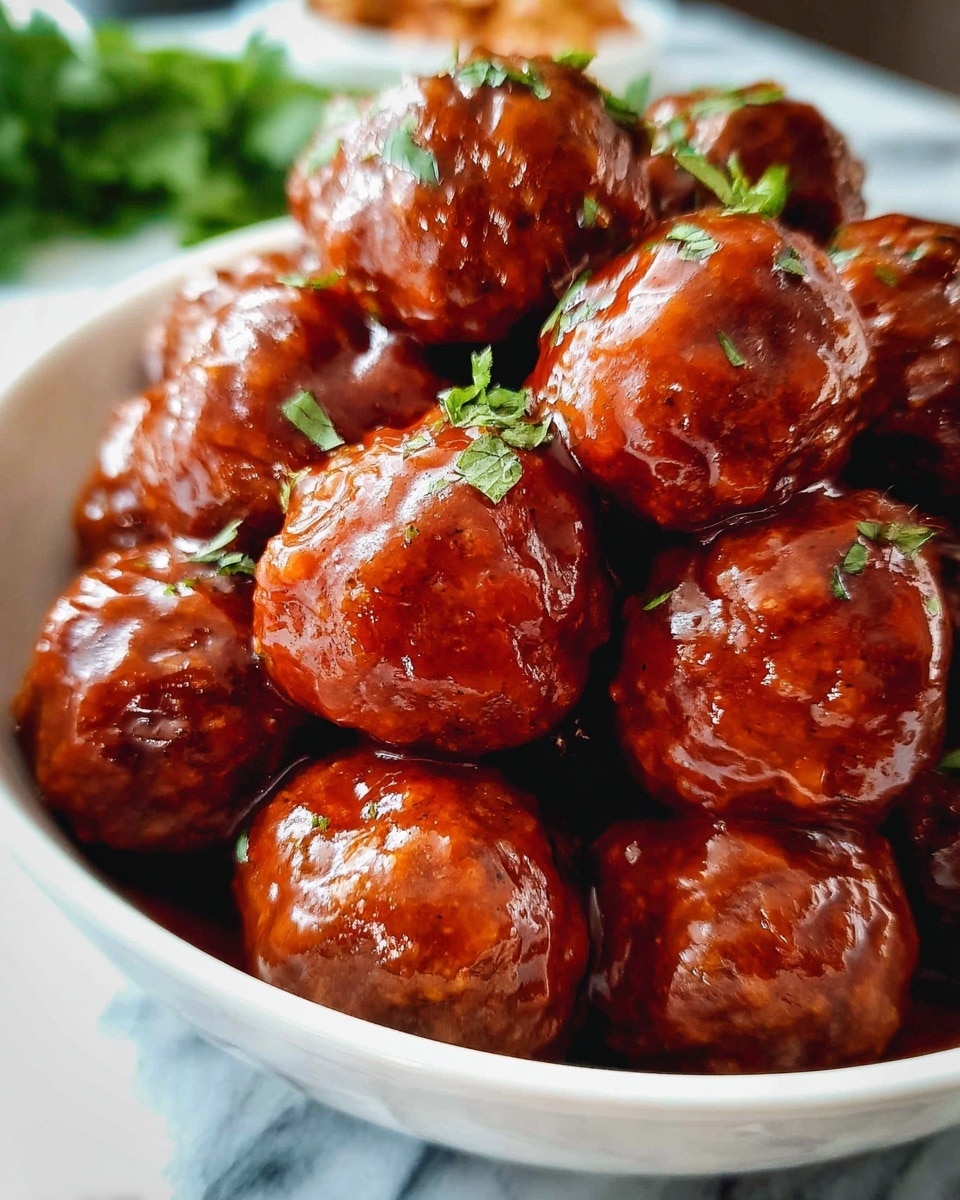 The image shows a close-up of many small round meatballs coated in a shiny reddish-brown sauce. The meatballs have a textured, slightly crispy surface and are covered evenly with the glossy sauce. Scattered green herb leaves sit on top, adding a fresh touch of color contrast to the rich meatballs. All the meatballs are inside a dark pot with a black interior, and a small pool of sauce is visible at the bottom around them. The background is a white marbled texture. photo taken with an iphone --ar 4:5 --v 7