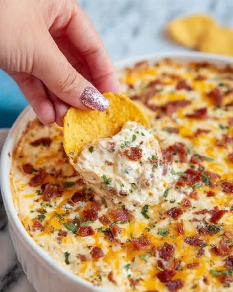 A close-up shows a white round dish filled with a creamy layered dip that has melted cheddar and mozzarella cheese on top, sprinkled with small bits of green herbs and red bacon pieces. A woman's hand with sparkly pink nail polish holds a yellow tortilla chip dipped into the cheesy mix, lifting some of the dip from the dish. The background is a white marbled surface. Photo taken with an iphone --ar 4:5 --v 7