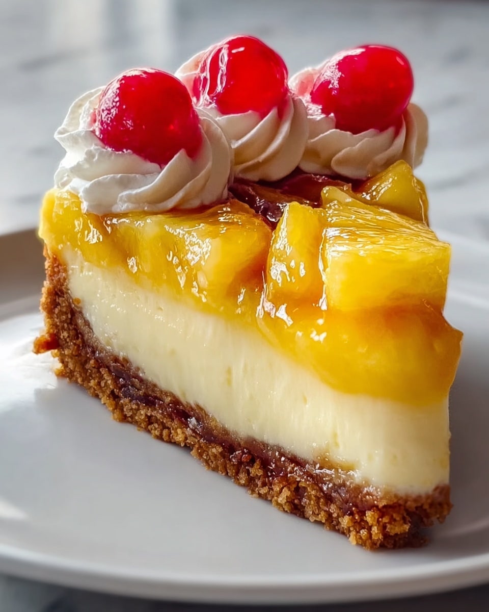 A slice of cheesecake with four visible layers sits on a white plate over a white marbled surface. The bottom layer is a crumbly brown crust. Above it is a thick, creamy off-white cheesecake layer with a smooth yet slightly airy texture. On top of this is a bright yellow pineapple glaze layer that is shiny and slightly translucent, with pineapple slices embedded inside. The top layer has several glossy, red cherries arranged in the center, with a swirl of white whipped cream positioned behind them. The lighting highlights the shiny fruits and creamy textures. photo taken with an iphone --ar 4:5 --v 7