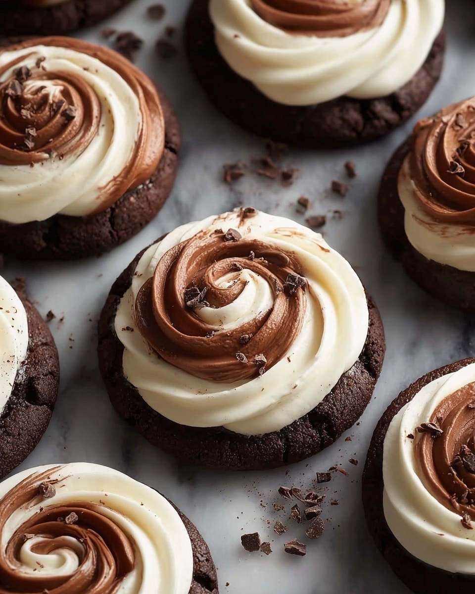 The image shows several round chocolate cookies with a thick layer of swirled white and dark chocolate frosting on top. Each cookie's base is a dark, cracked chocolate biscuit that looks soft inside but slightly firm outside. The frosting on each cookie is piped in a spiral pattern, blending creamy white and rich brown colors smoothly together. Around the cookies, there are some small chocolate chunks and cocoa powder sprinkled lightly on both the frosting and the dark surface beneath. The cookies are placed on a surface with a white marbled texture. photo taken with an iphone --ar 4:5 --v 7