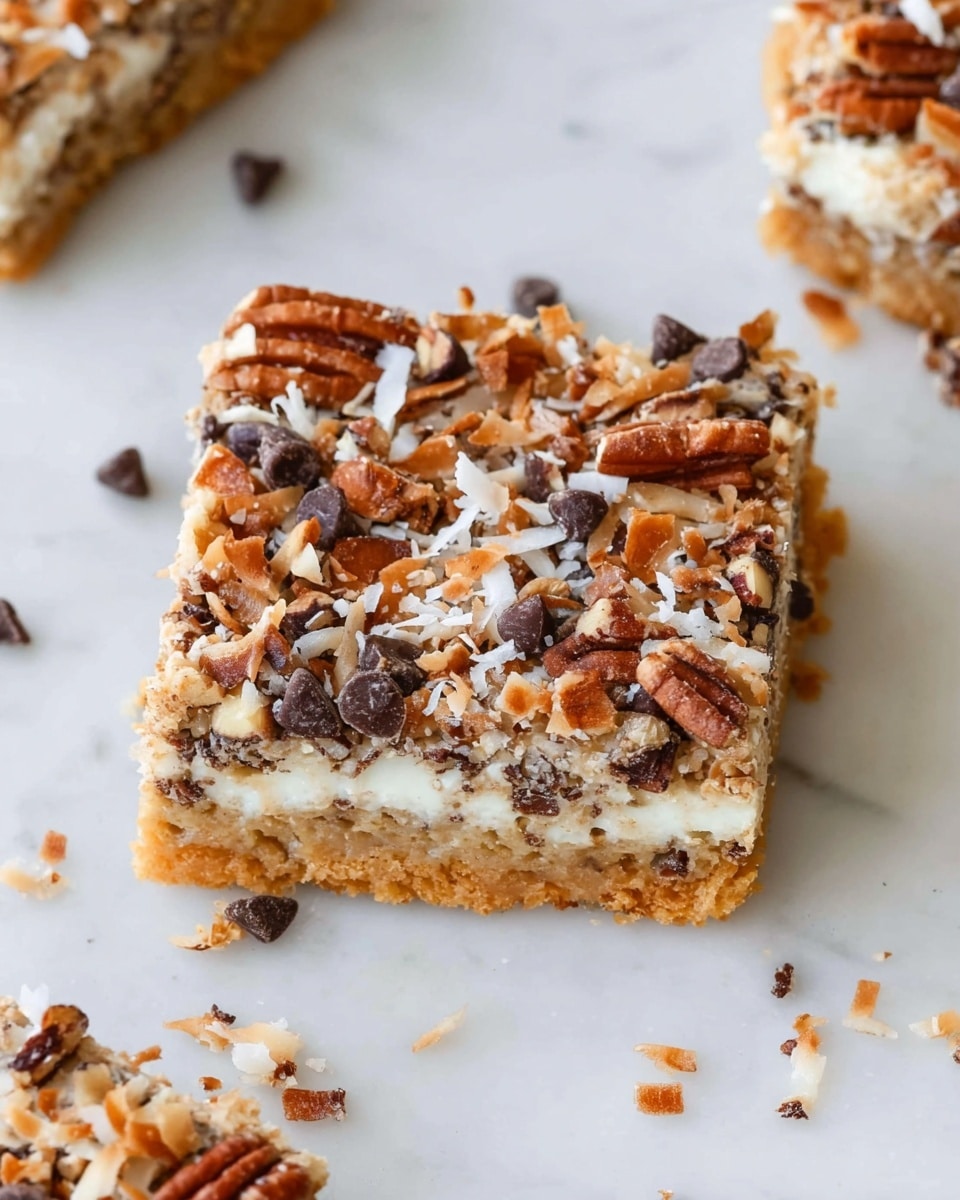 The image shows a square dessert bar with three visible layers on a white marbled surface. The bottom layer is a golden-brown crust, firm and crumbly. The middle layer is creamy and white, holding small dark chocolate chips that peek through. The top layer is covered with toasted pecan pieces and shredded coconut, scattered evenly, adding a textured and crunchy look with brown and white colors. Some crumbs and chocolate chips are scattered around the bar on the surface. photo taken with an iphone --ar 4:5 --v 7