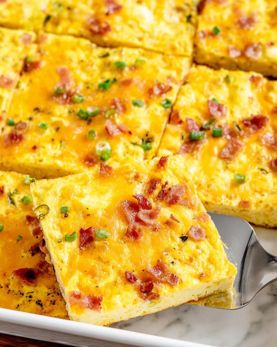 The image shows a close-up of a bright yellow baked egg casserole cut into rectangular pieces in a white baking dish. The top layer is golden and slightly browned with melted cheddar cheese, small bits of green onions, and crispy bacon pieces scattered throughout. The texture looks soft and fluffy with visible small air pockets. A metal spatula is placed under one piece, lifting it slightly within the dish. The setting is on a white marbled surface. photo taken with an iphone --ar 4:5 --v 7