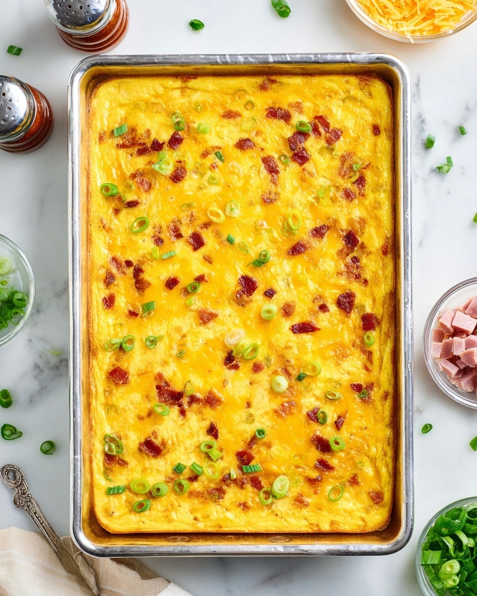 A rectangular baked egg casserole sits in a silver baking pan, with a smooth top layer of bright yellow eggs mixed evenly with small bits of orange melted cheese and reddish-brown cooked bacon pieces scattered throughout. Thin slices of green onion rings are spread lightly across the egg layer, adding small touches of green color and texture. The edges of the casserole are slightly raised and firm, showing a well-cooked finish, while the middle appears soft and moist. The pan rests on a white marbled surface, surrounded by a few kitchen items including a small bowl with cheese in the top right corner, a glass bowl with chopped ham on the far right, scattered fresh green onion pieces, and a pepper shaker to the left. Photo taken with an iphone --ar 4:5 --v 7
