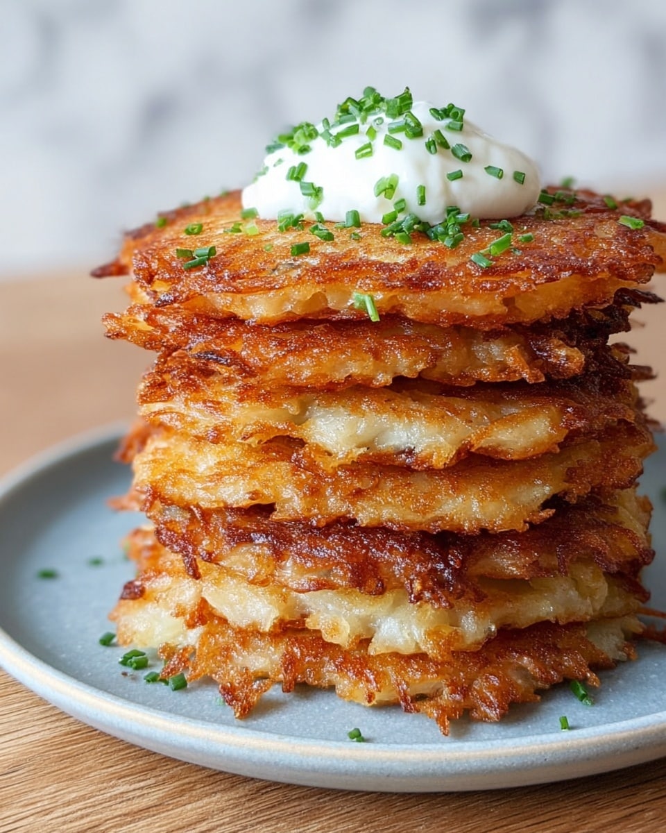 A tall stack of six golden brown, crispy potato pancakes is on a white plate with a light blue tint, each pancake showing uneven, crunchy edges and a crispy, textured surface. On the top pancake, there is a dollop of white sour cream topped with small chopped green chives. The stack sits on a wooden table with a soft white marbled texture in the background. photo taken with an iphone --ar 4:5 --v 7