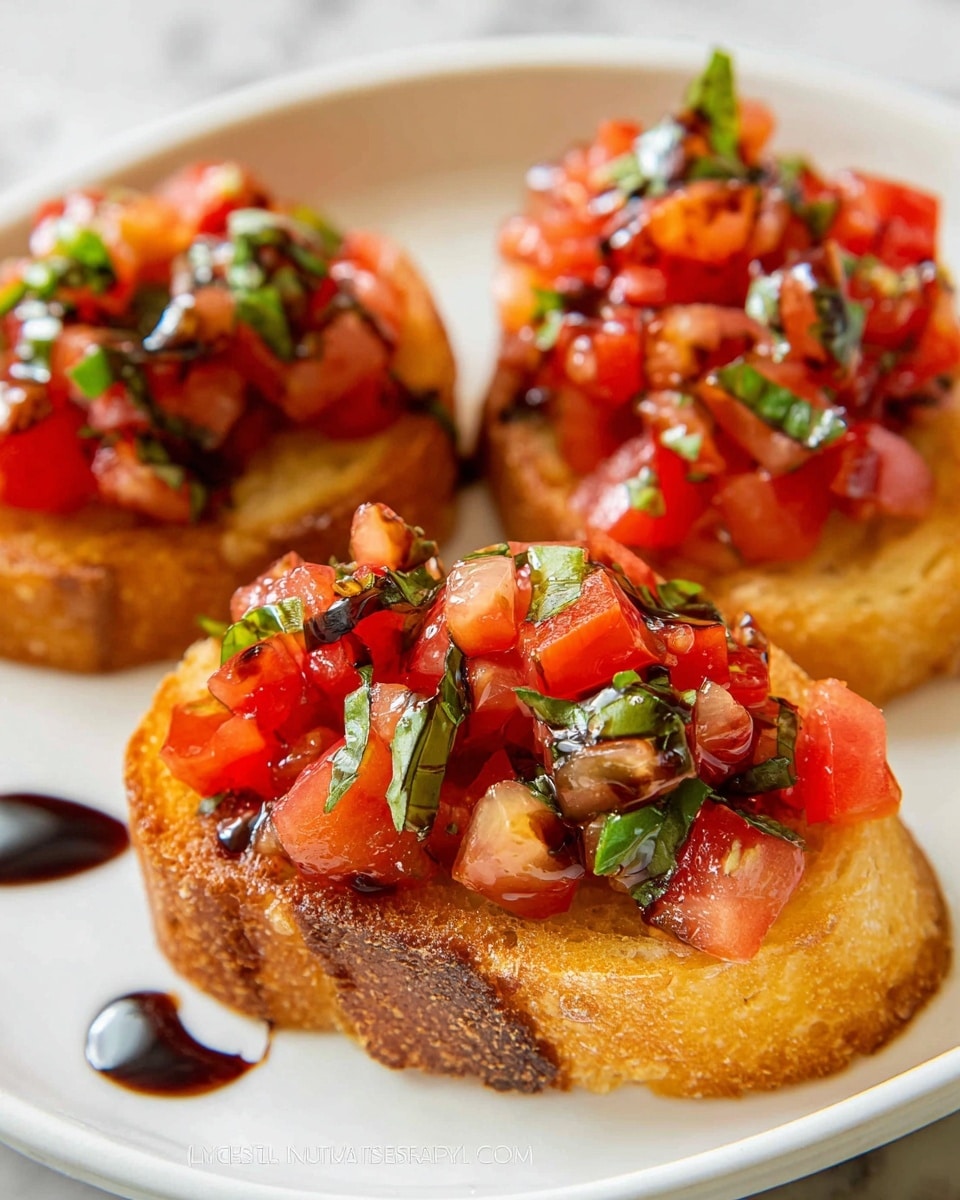 The image shows three pieces of bruschetta arranged on a white plate sitting on a white marbled textured surface. Each bruschetta has a toasted, golden-brown round bread base with a slightly crispy edge. On top lies a fresh tomato mixture, consisting of diced bright red tomatoes combined with chopped green basil leaves, giving a colorful and fresh look. The tomatoes appear juicy and glossy, while the basil adds a touch of leafy texture. A dark brown balsamic glaze drizzle is visible on top and around the tomato topping, adding contrast and shine. The focus is close-up, showing the moist and rich textures clearly. photo taken with an iphone --ar 4:5 --v 7