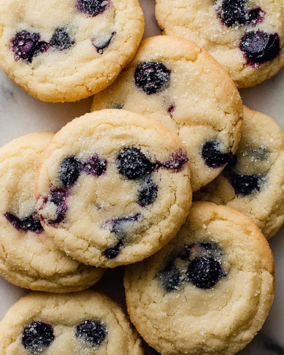 A stack of eight golden-brown cookies with slightly crispy edges and soft centers, each cookie dotted with dark purple blueberry pieces. The cookies are unevenly round, showing a handmade texture, and the blueberries create small scattered spots of deep color across the pale dough. They are stacked directly on a white marbled surface with a few crumbs around them, adding to the fresh baked look. photo taken with an iphone --ar 4:5 --v 7
