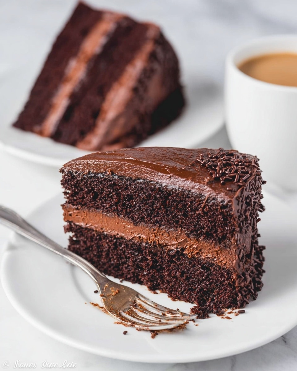 The image shows two slices of chocolate cake on white plates placed on a white marbled surface. The cake slices have two thick layers of dark chocolate sponge sandwiching a smooth, thick layer of chocolate frosting in the middle. The outer edges of the cake slice are covered with a thick layer of glossy chocolate frosting that is slightly textured, with small chocolate sprinkles on the side. A shiny fork rests on the plate in front of the closest cake slice, with a few crumbs on the plate. In the background, part of a white cup with a light brown drink is visible. Photo taken with an iphone --ar 4:5 --v 7